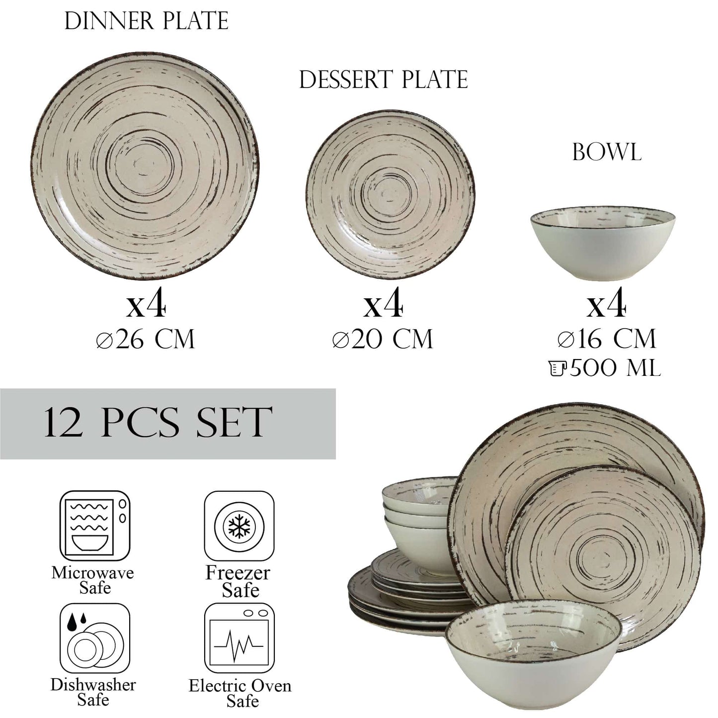 Plate set 12 pieces, for 4 people, Stone, Cesiro, White Ivoire with black lines