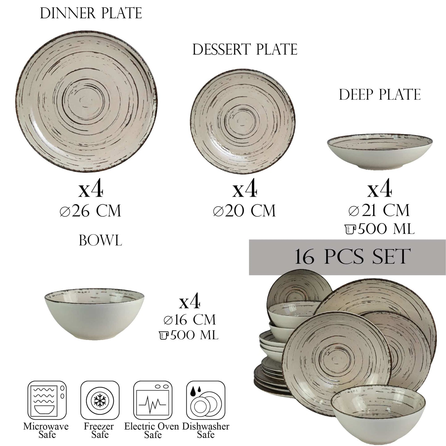 Plate set 16 pieces, for 4 people, Stone, Cesiro, White Ivoire with black