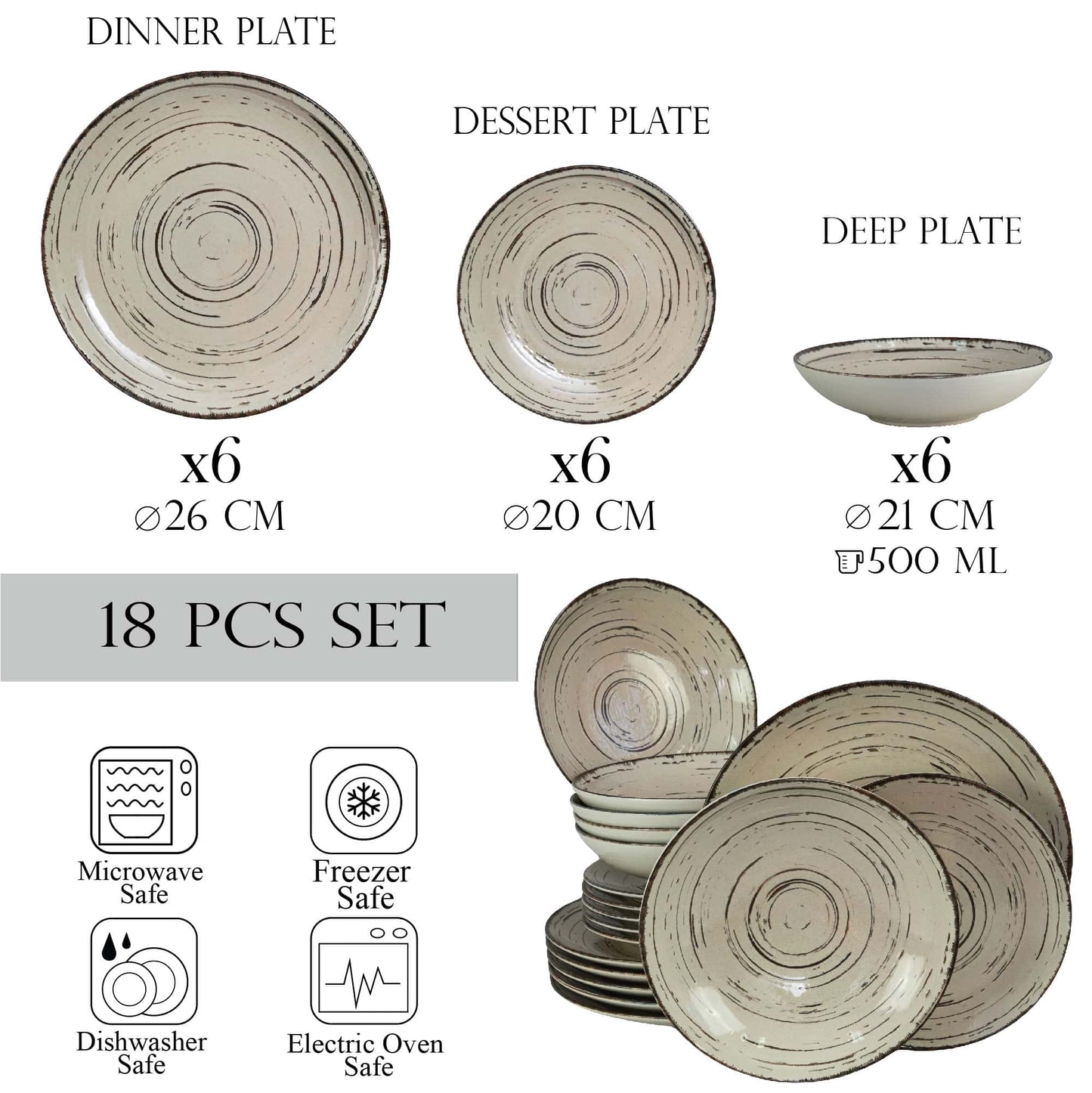 Set farfurii 18 piese, pentru 6 persoane, Stone, Cesiro, Alb Ivoire cu negru