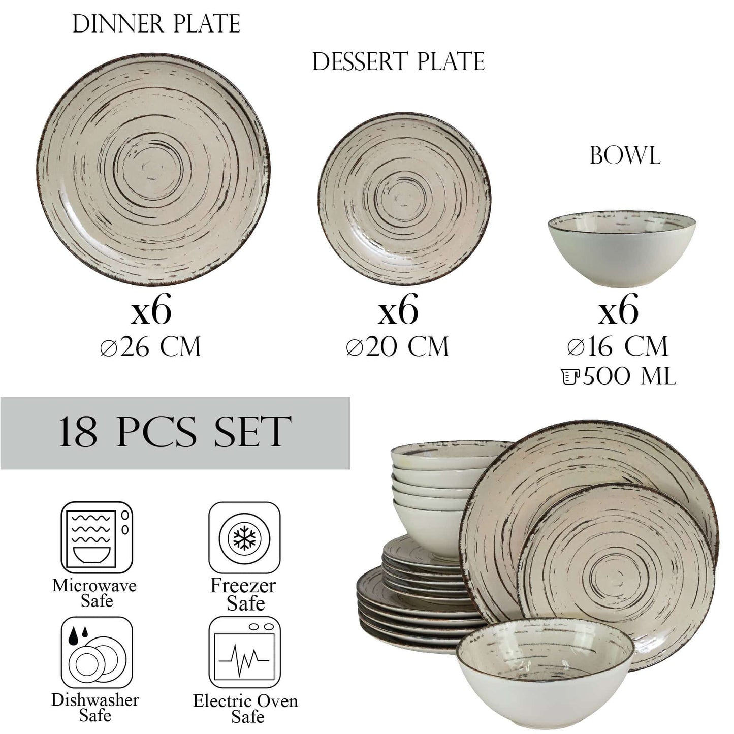 Set farfurii 18 piese, pentru 6 persoane, Stone, Cesiro, Alb Ivoire cu linii negre