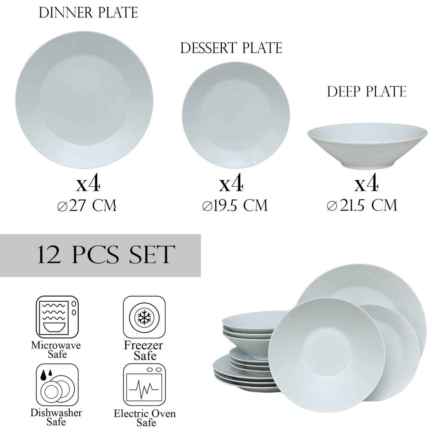 Set of 12 plates, for 4 people, Snow, Cesiro, Porcelain, Glossy White