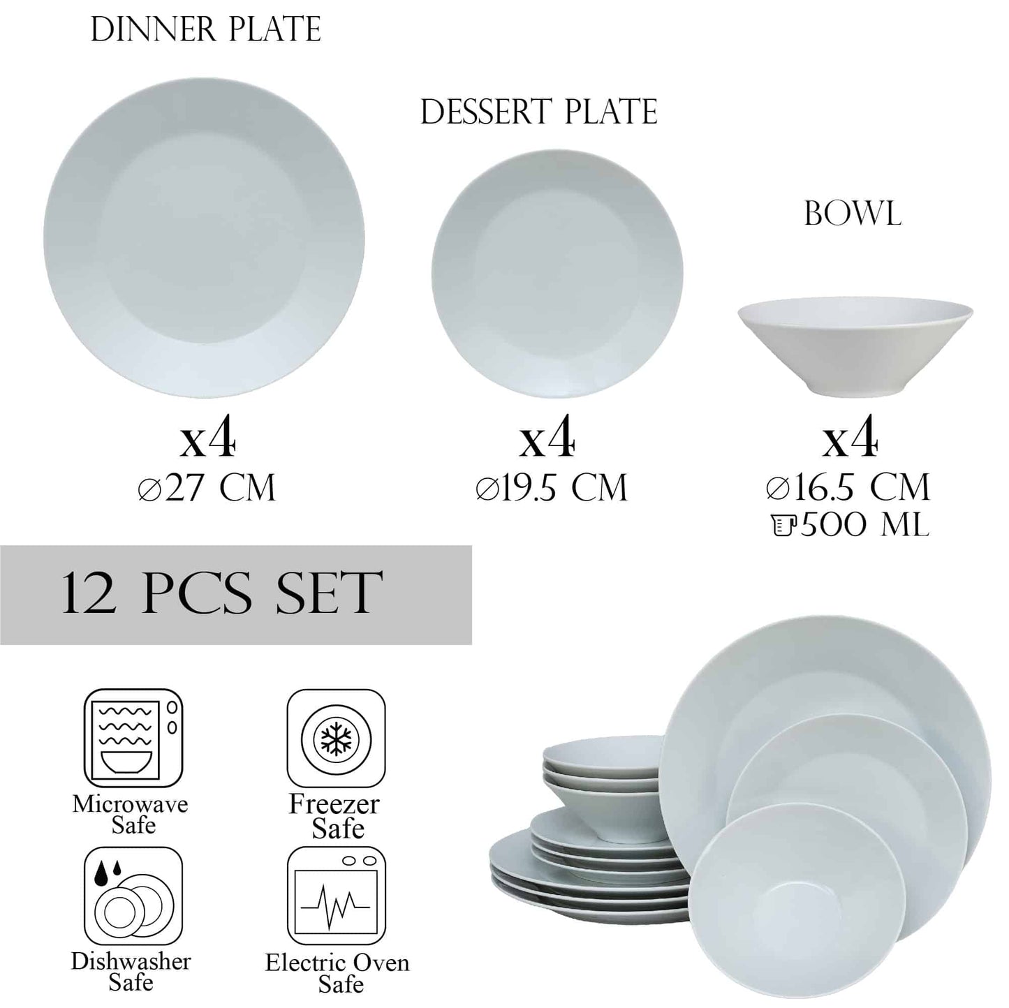 Plate set 12 pieces, for 4 people, Snow, Cesiro, Porcelain, White