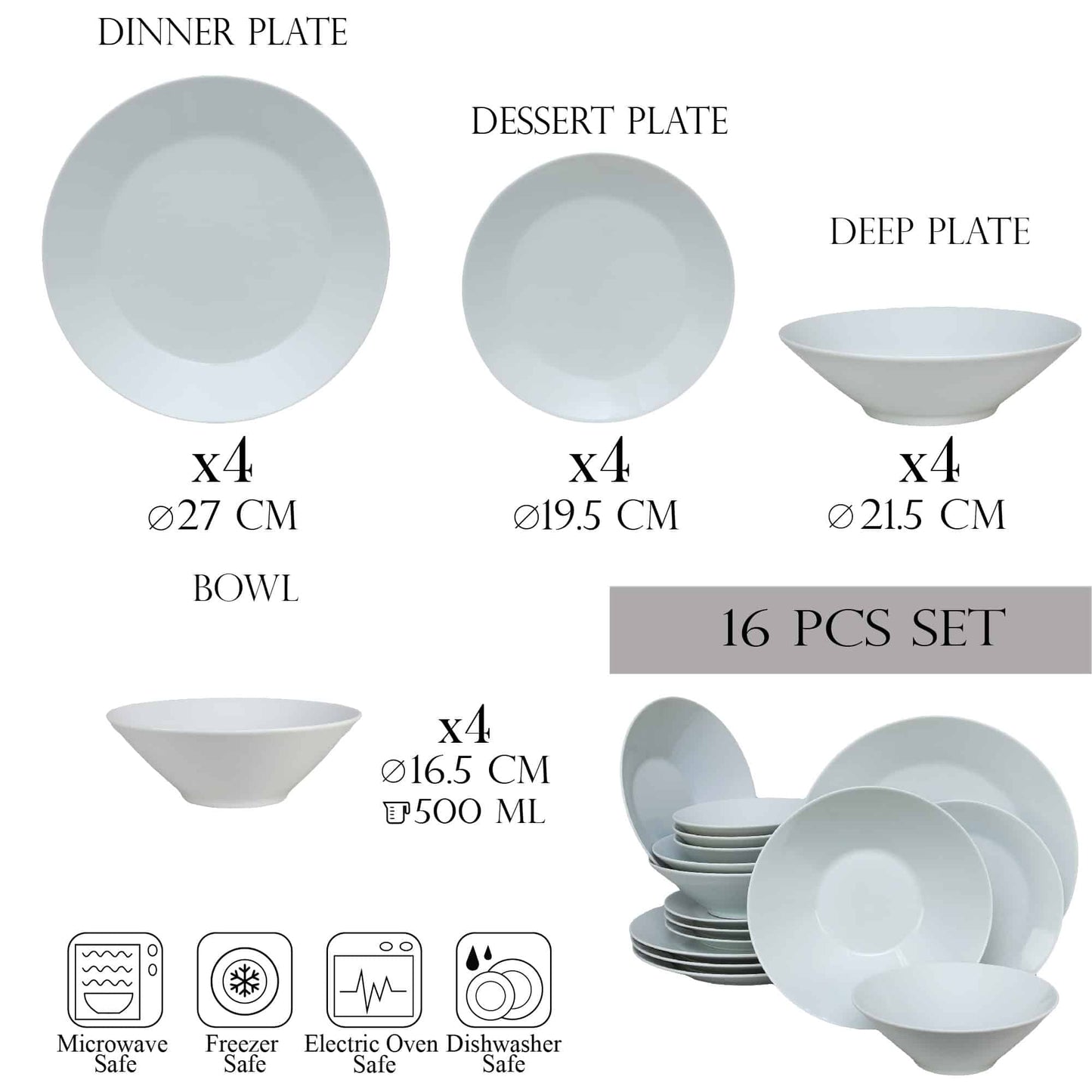 Plate set 16 pieces, for 4 people, Snow, Cesiro, Porcelain, White