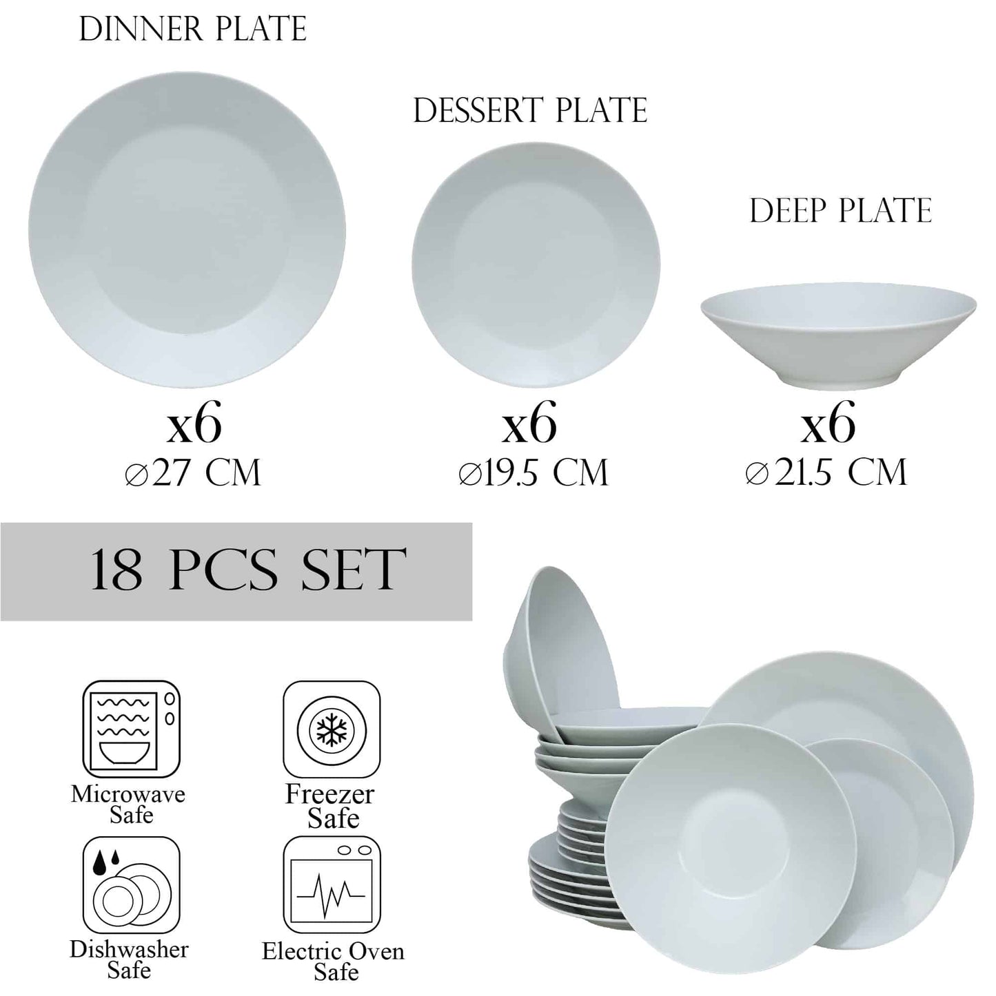 Set farfurii 18 piese, pentru 6 persoane, Snow, Cesiro, Portelan, Alb