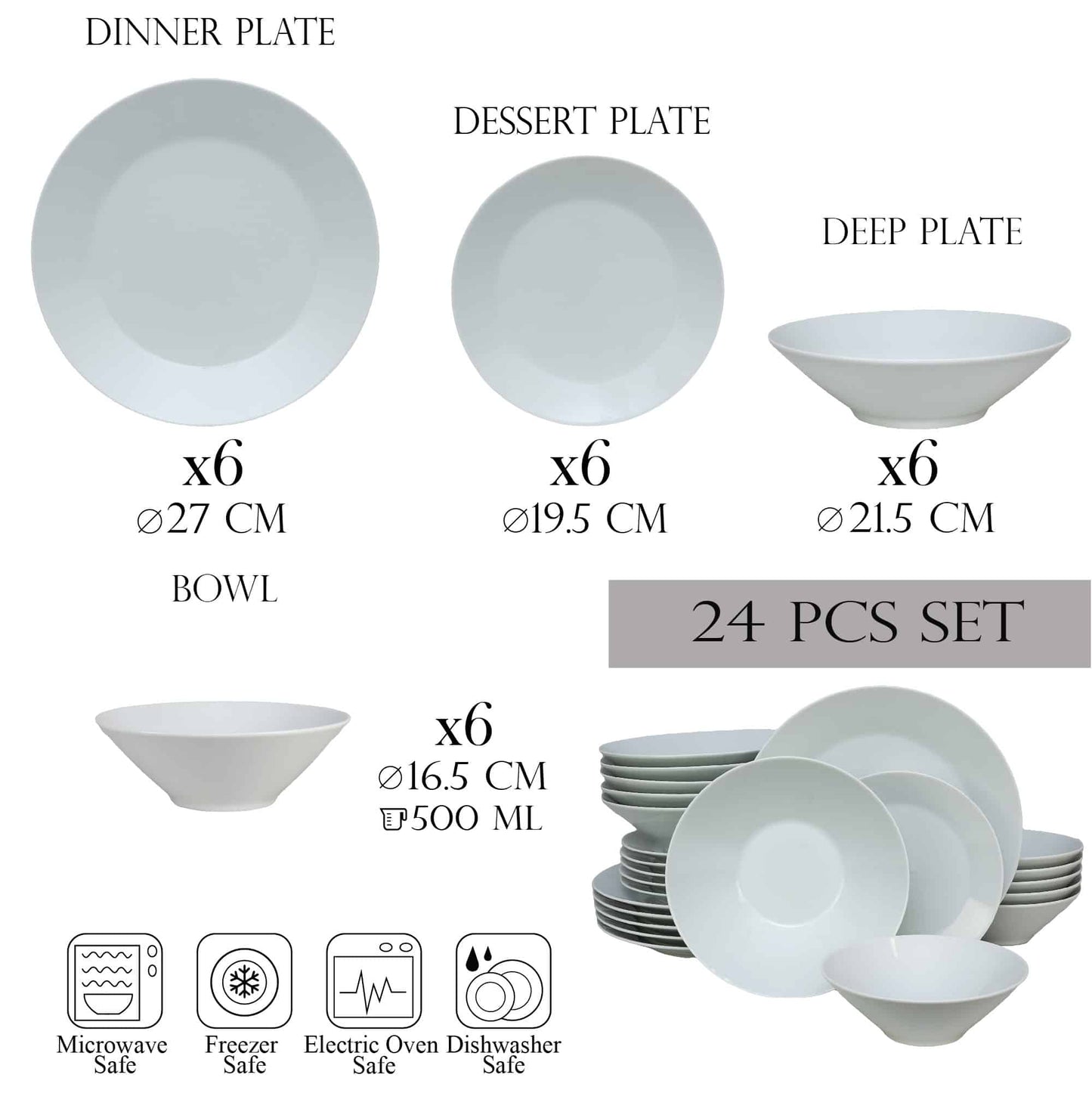 Plate set 24 pieces, for 6 people, Snow, Cesiro, Porcelain, White