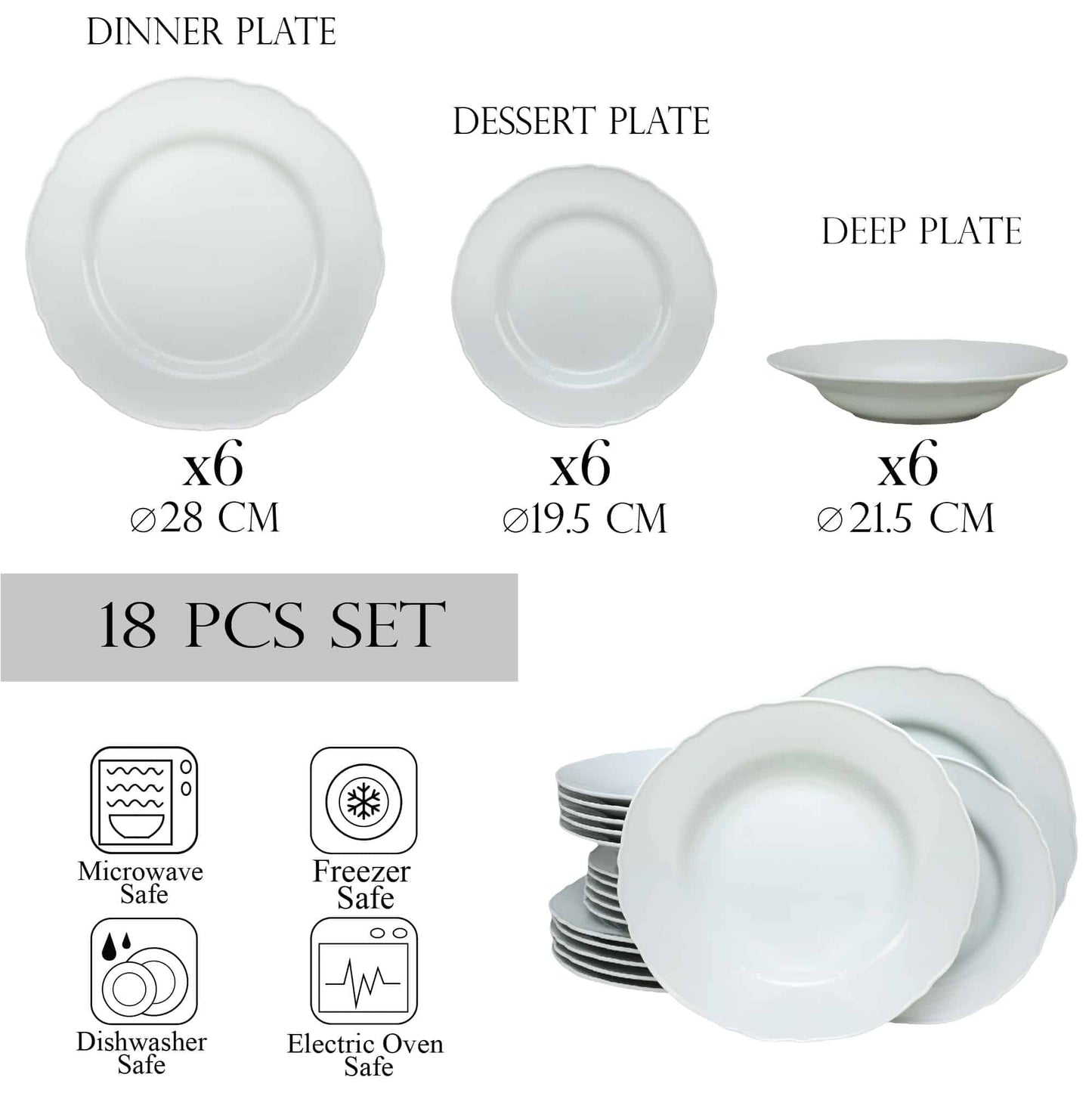 Juego de platos 18 piezas, para 6 personas, Iceberg, Cesiro, Porcelana, Blanco brillo