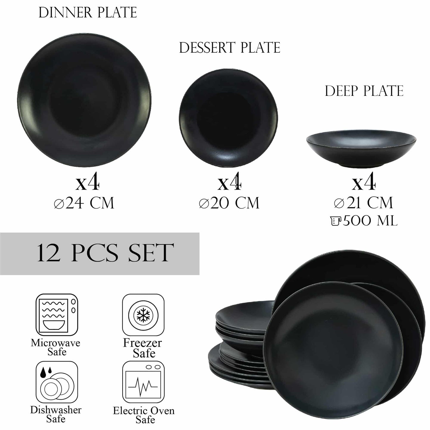 Plate set 12 pieces, for 4 people, Anthracite, Cesiro, Gray Mat