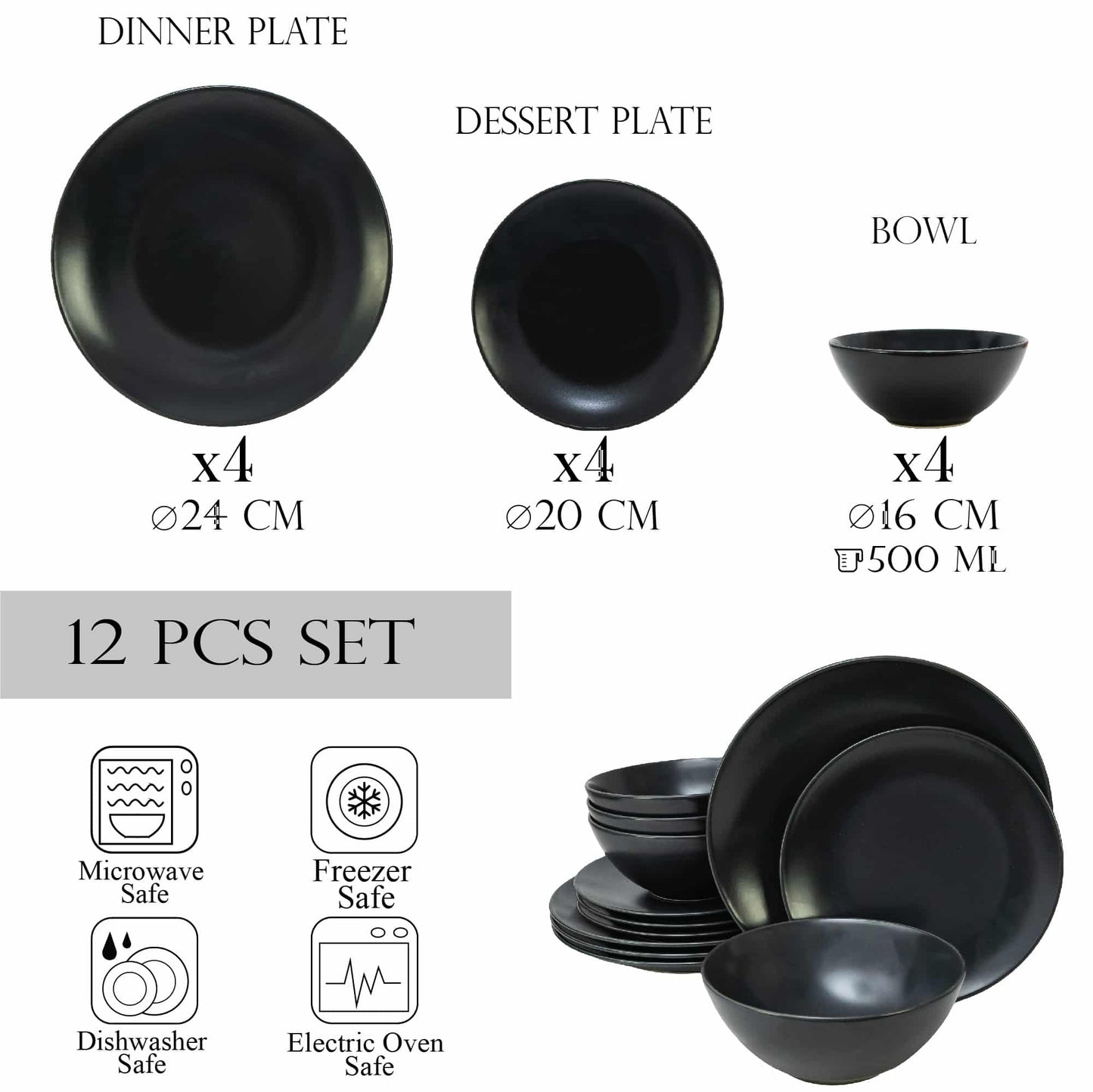 Plate set 12 pieces, for 4 people, Anthracite, Cesiro, Matt Anthracite Gray