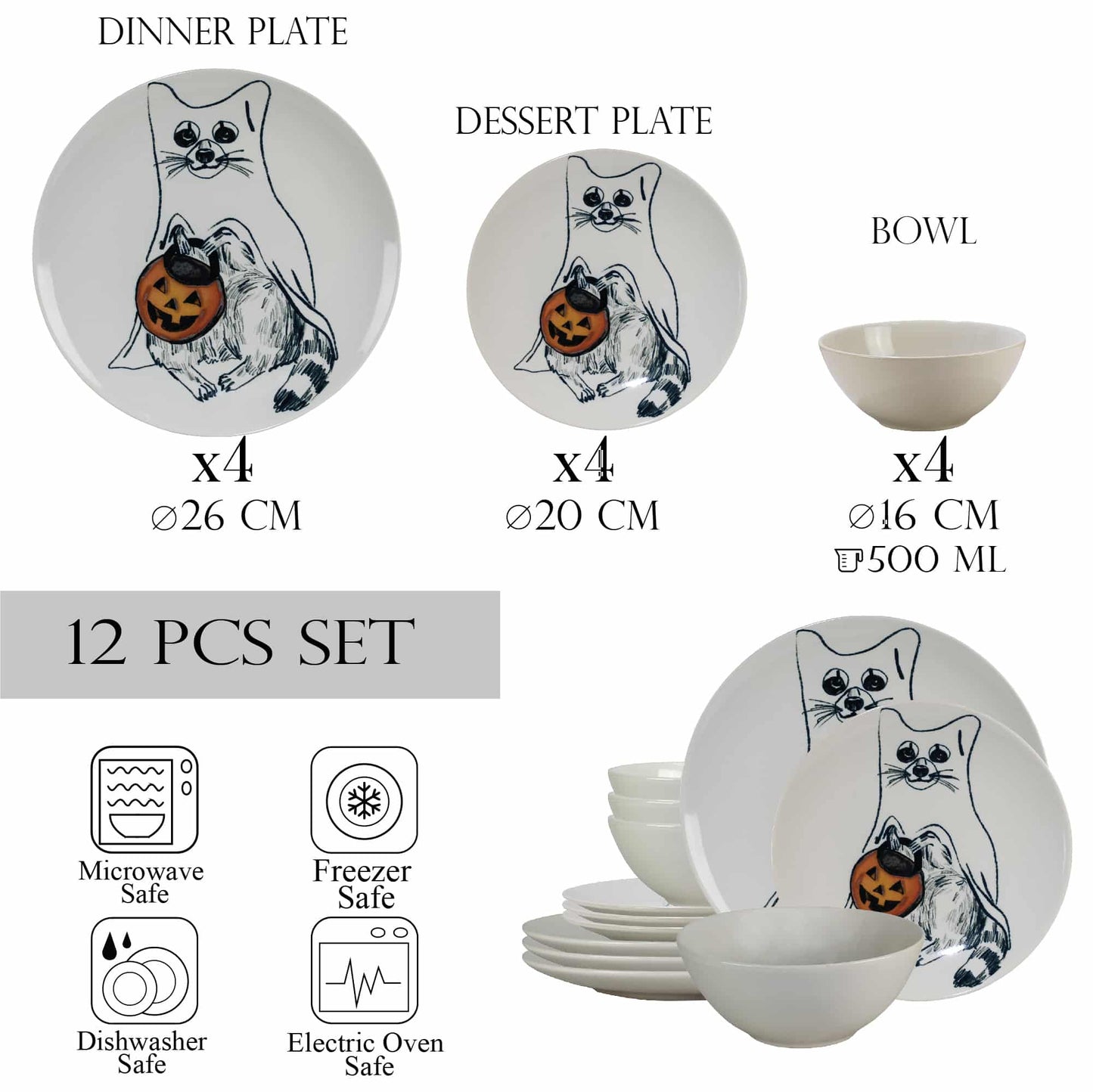 Комплект чинии 12 части, за 4 души, Pumpkin Cat, Cesiro, Ivory White with Cat