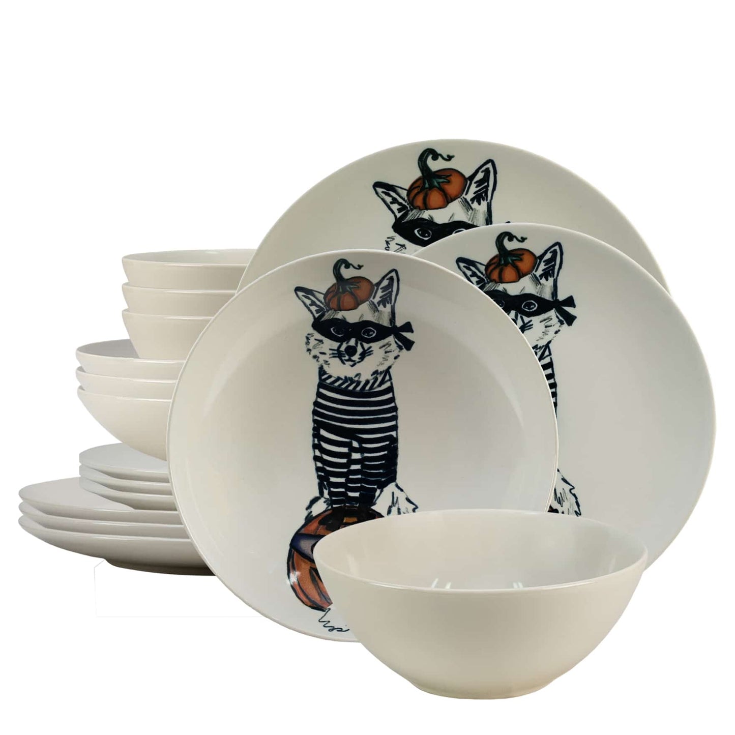 Plate set 16 pieces, for 4 people, Robber Cat, Cesiro, Ivoire with Cat