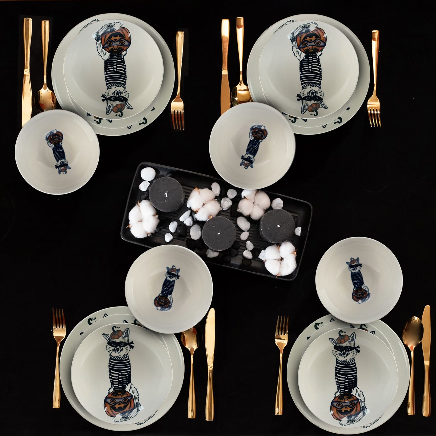 Plate set 16 pieces, for 4 people, Robber Cat, Cesiro, Ivoire with Cat