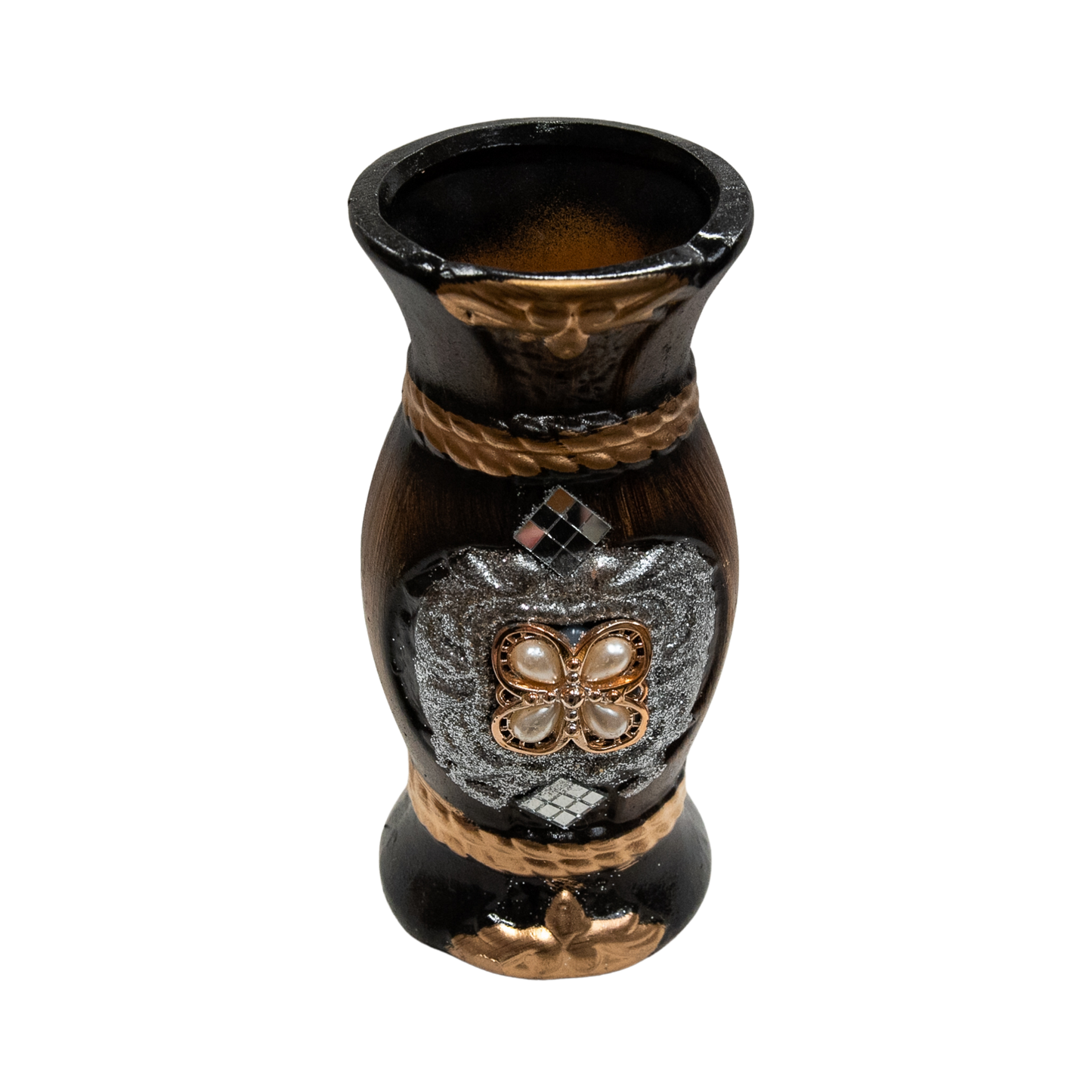 Braune Vase mit Perlen und Glitzer