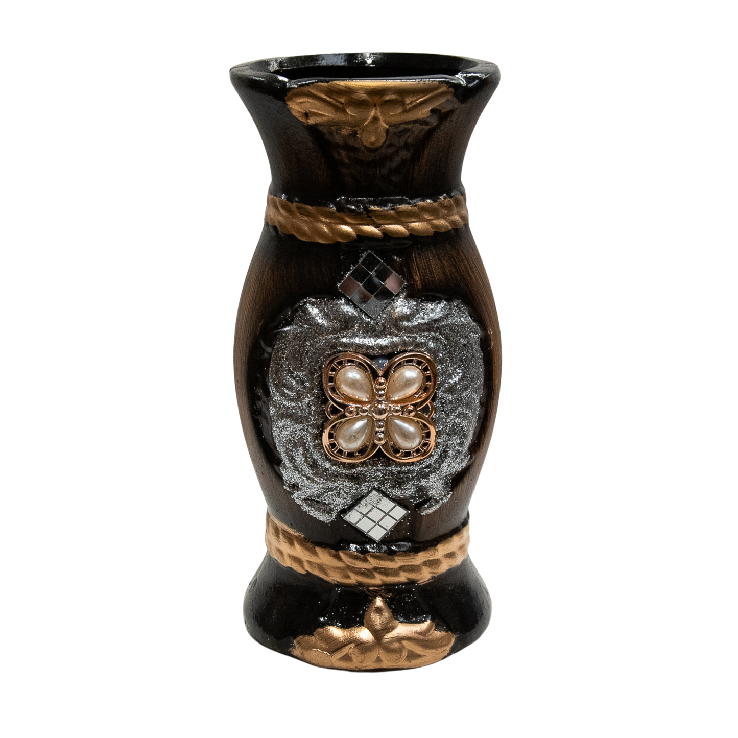 Braune Vase mit Perlen und Glitzer