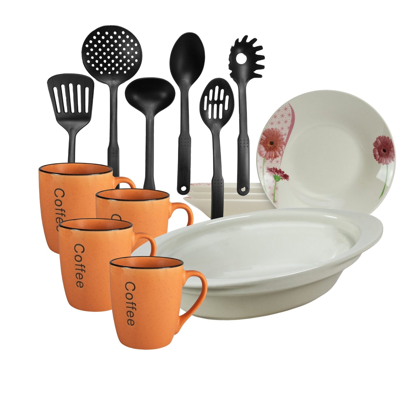 Table set, 4 people, 15 pieces, orange mug, deep plate, heat-resistant tray, kitchen utensils, Porcelain decorated with Margaret