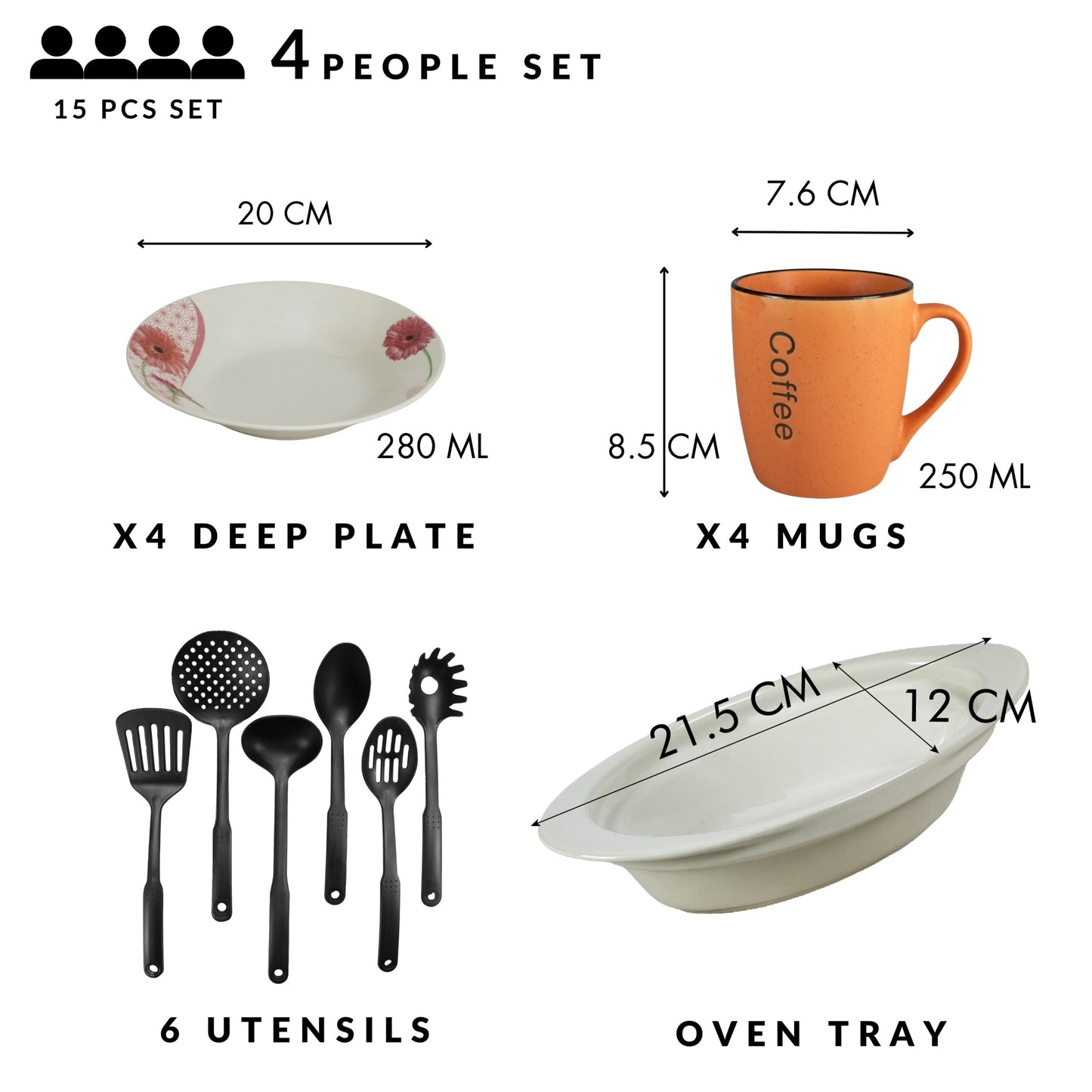 Table set, 4 people, 15 pieces, orange mug, deep plate, heat-resistant tray, kitchen utensils, Porcelain decorated with Margaret