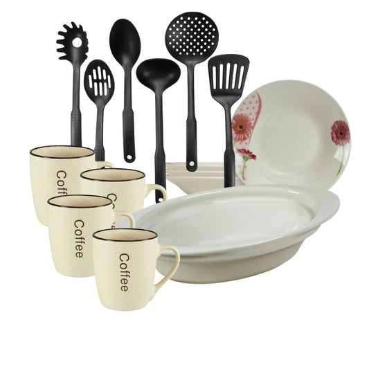 Servicio de mesa, 4 personas, 15 piezas, taza para crema, plato hondo, bandeja resistente al calor, utensilios de cocina, Porcelana decorada con Daisy