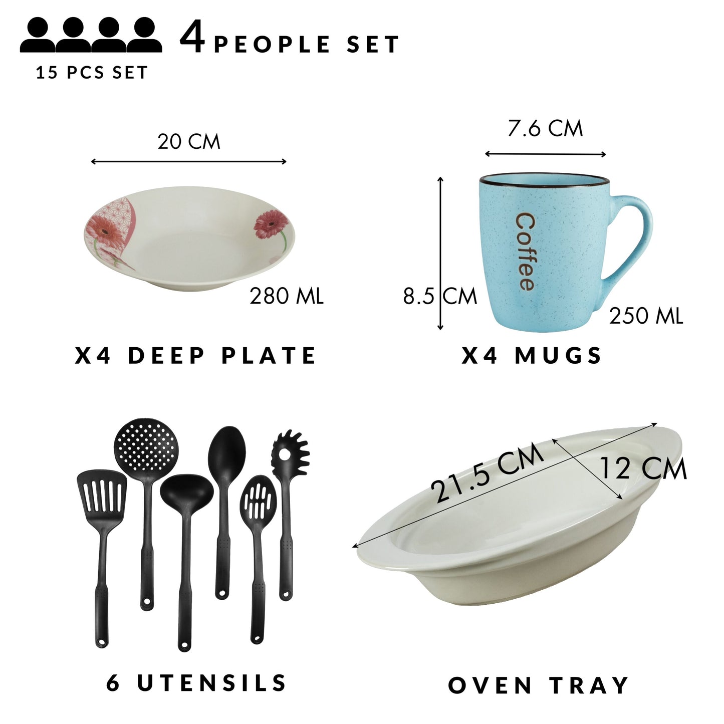 Table service, 4 people, 15 pieces, blue mug, deep plate, heat-resistant tray, kitchen utensils, Porcelain decorated with daisy