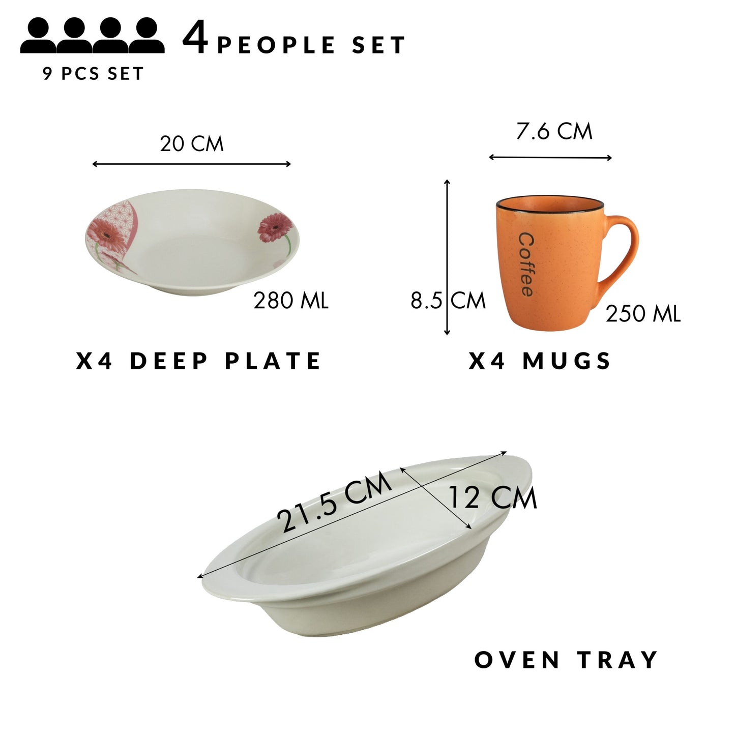 Table set, 4 people, 9 pieces, orange mug, deep plate, heat-resistant tray, Porcelain decorated with Daisy