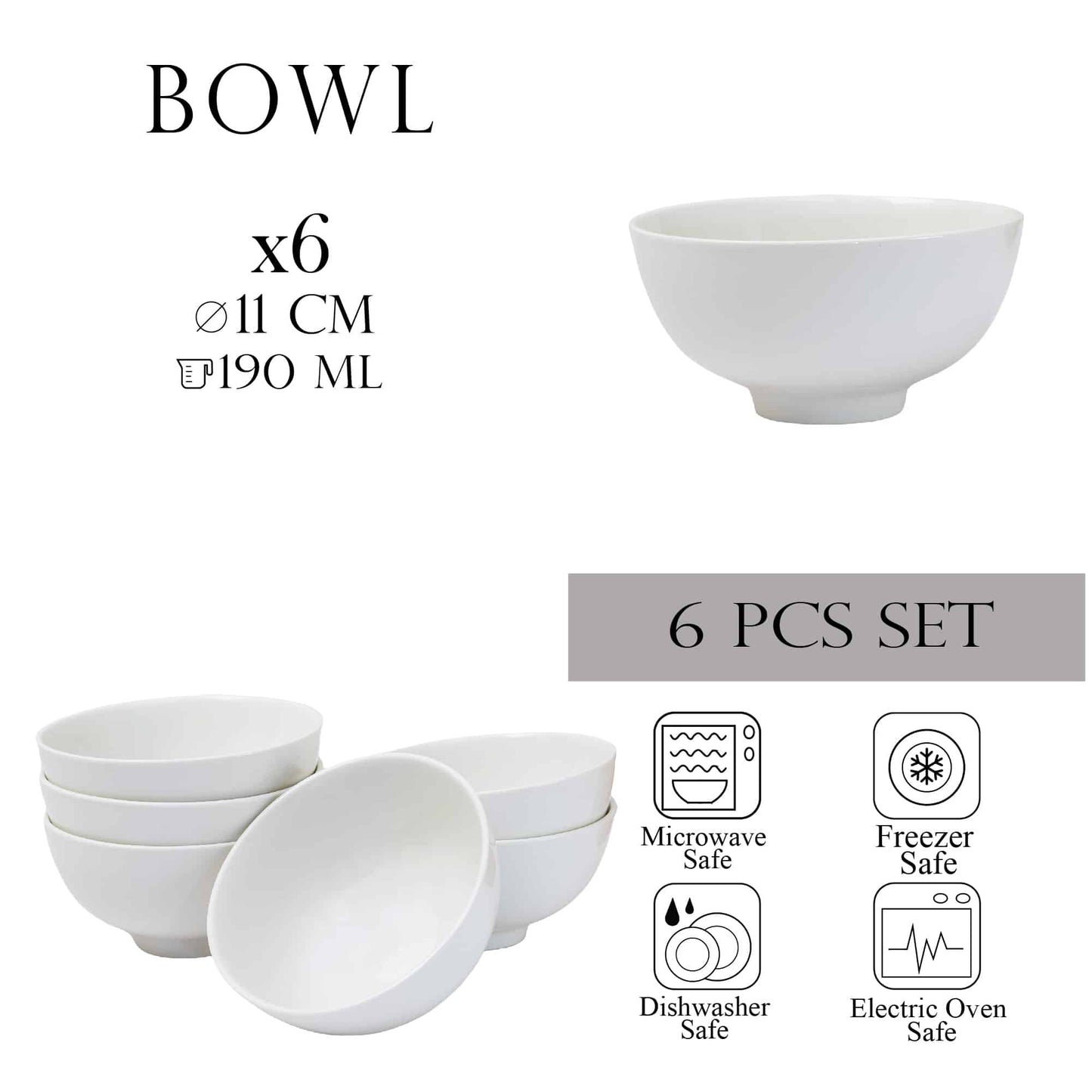 Set 6 boluri de 190 ml, Portelan, Alb