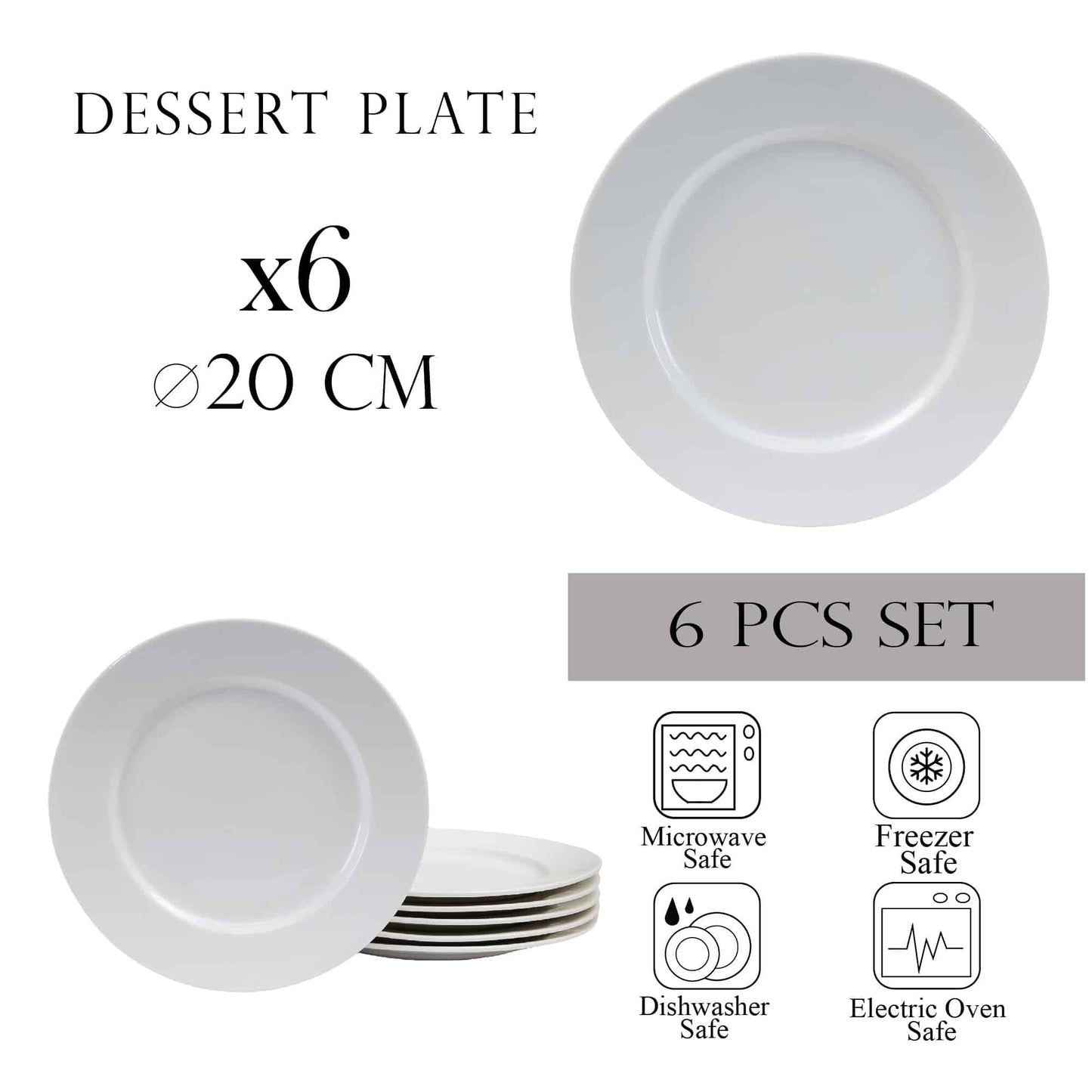 Set of 6 White Porcelain dessert plates, 20 cm