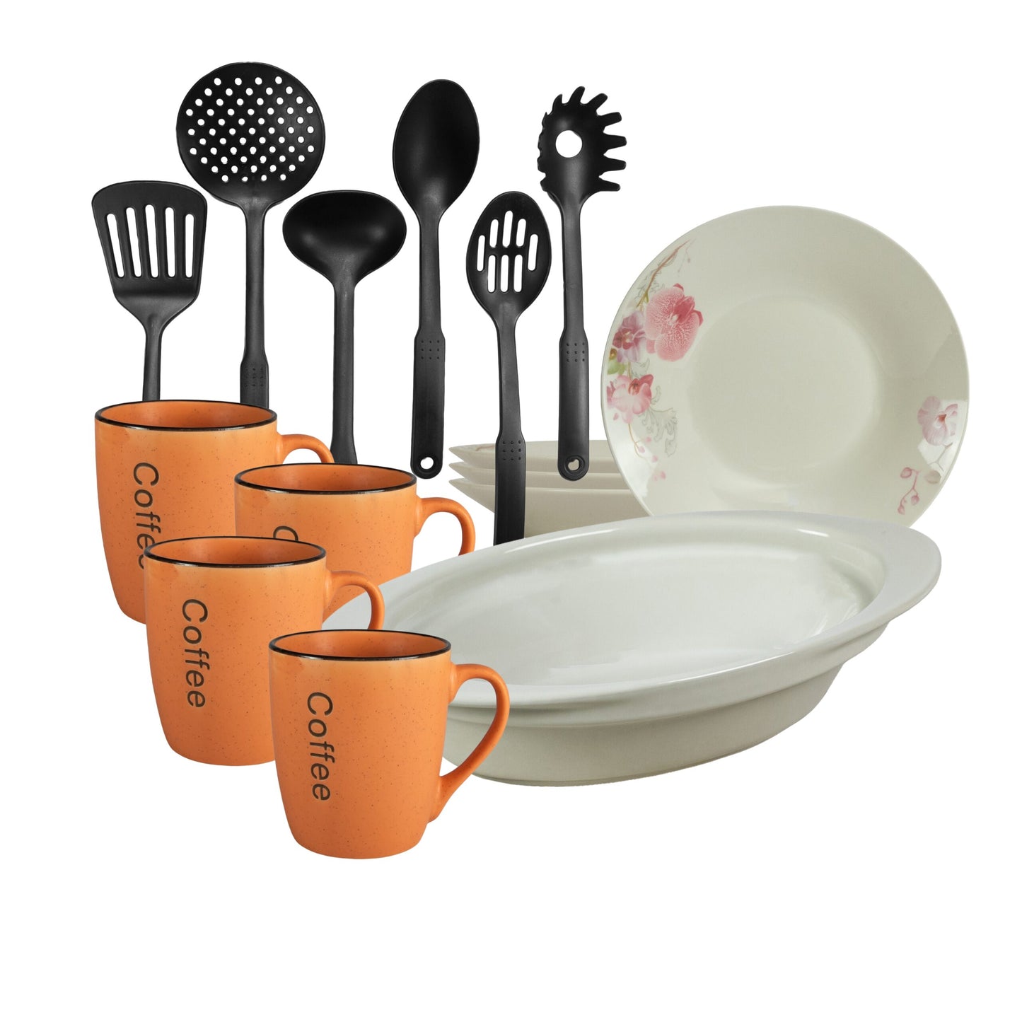 Set tavola, 4 persone, 15 pezzi, tazza arancione, piatto fondo, vassoio resistente al calore, utensili da cucina, Porcellana decorata con Orchidee