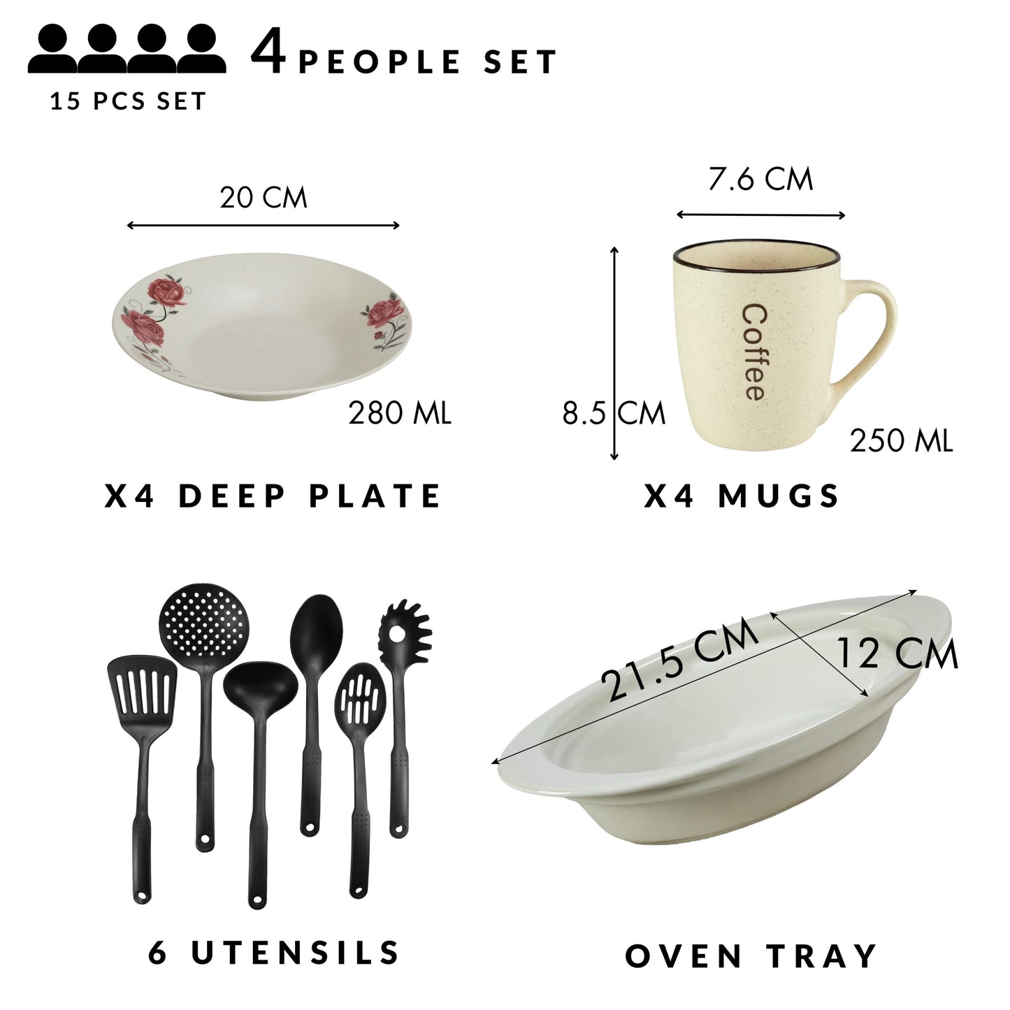 Servicio de mesa, 4 personas, 15 piezas, taza crema, plato hondo, bandeja resistente al calor, utensilios de cocina, Porcelana decorada con rosas rosas