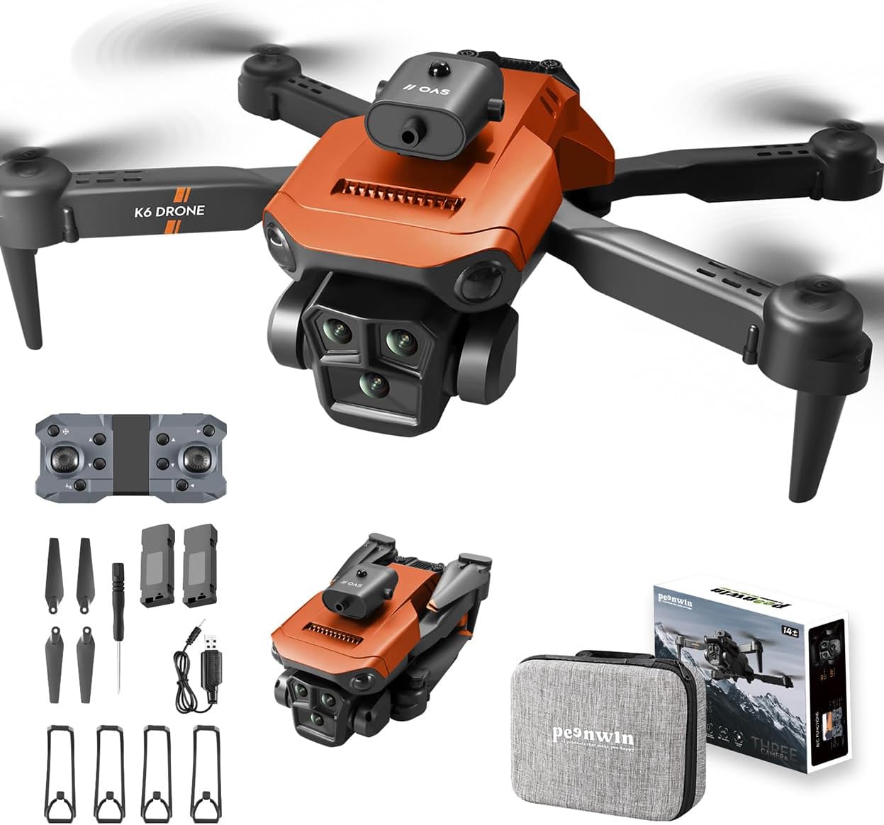 Drona Lenovo PEENWIN cu cameră 4k pentru adulți și copii, dronă pliabilă pentru începători cu 3 camere, dronă RC Quadcopter, mini dronă cu detectarea obstacolelor, buton 3D de răsturnare și întoarcere