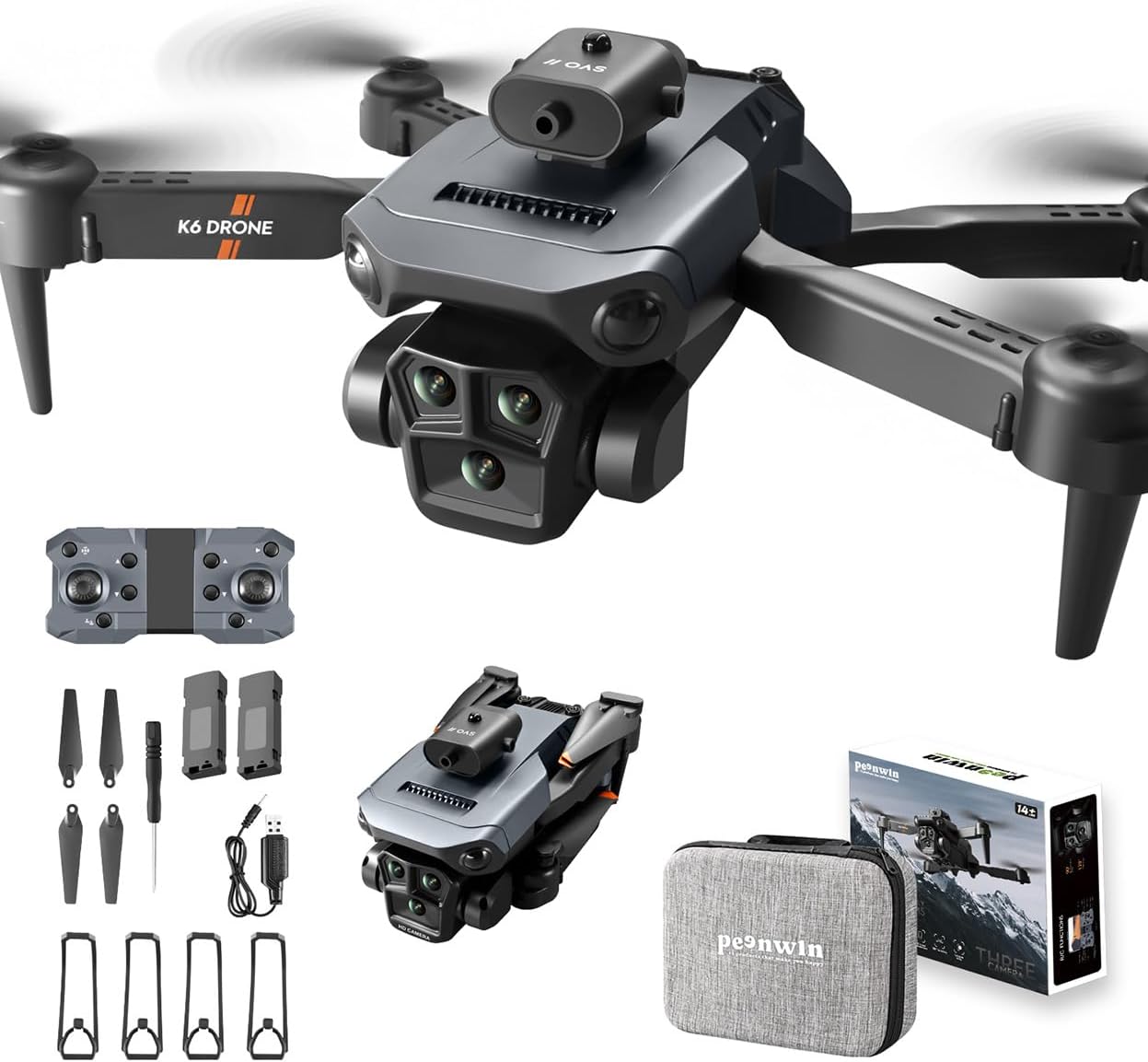 Lenovo PEENWIN Drohne mit 4K-Kamera für Erwachsene und Kinder, faltbare Einsteigerdrohne mit 3 Kameras, RC-Quadcopter-Drohne, Mini-Drohne mit Hinderniserkennung, 3D-Flip und Return-Taste.