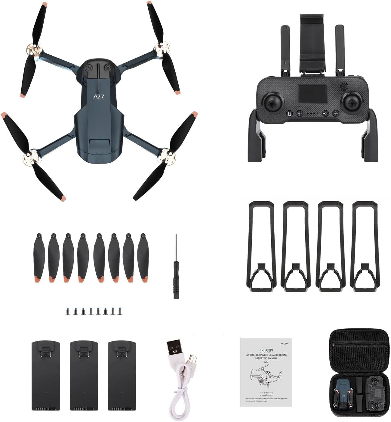 Dronă Lenovo durabilă cu motor fără perii cu timp de zbor super lung de 84 de minute, dronă cu cameră HD 2K pentru începători, Quadcopter CHUBORY A77 WiFi FPV, Follow Me, Hover automat, 3 baterii, geantă de transport