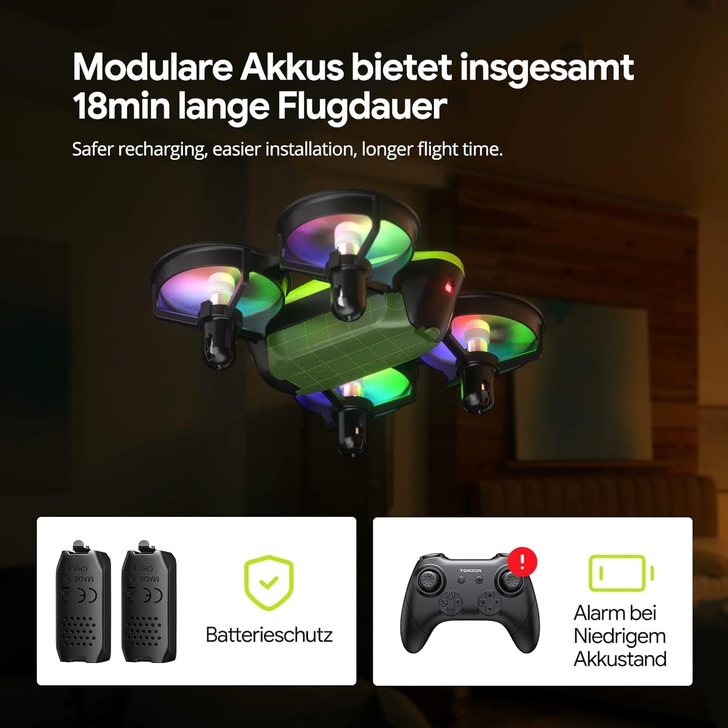 Lenovo Mini-Drohne für Kinder Anfänger Tomzon RC-Quadcopter mit LED-Leuchten ferngesteuerter Flugzeughubschrauber Lange Flugzeit 360°-Propellerschutz 3D-Werfen/Flip/Drehen/Kreis Indoor-Drohne Grün