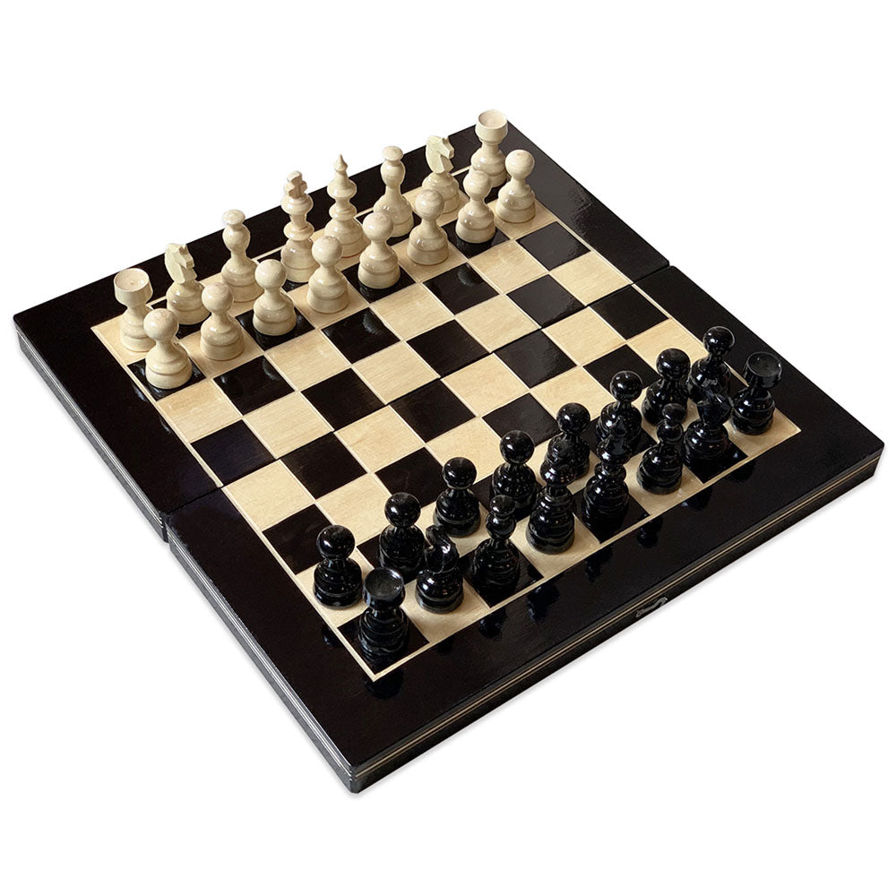 Handgefertigtes Schach- und Brettspiel aus Holz, schwarz und weiß (39x39cm)