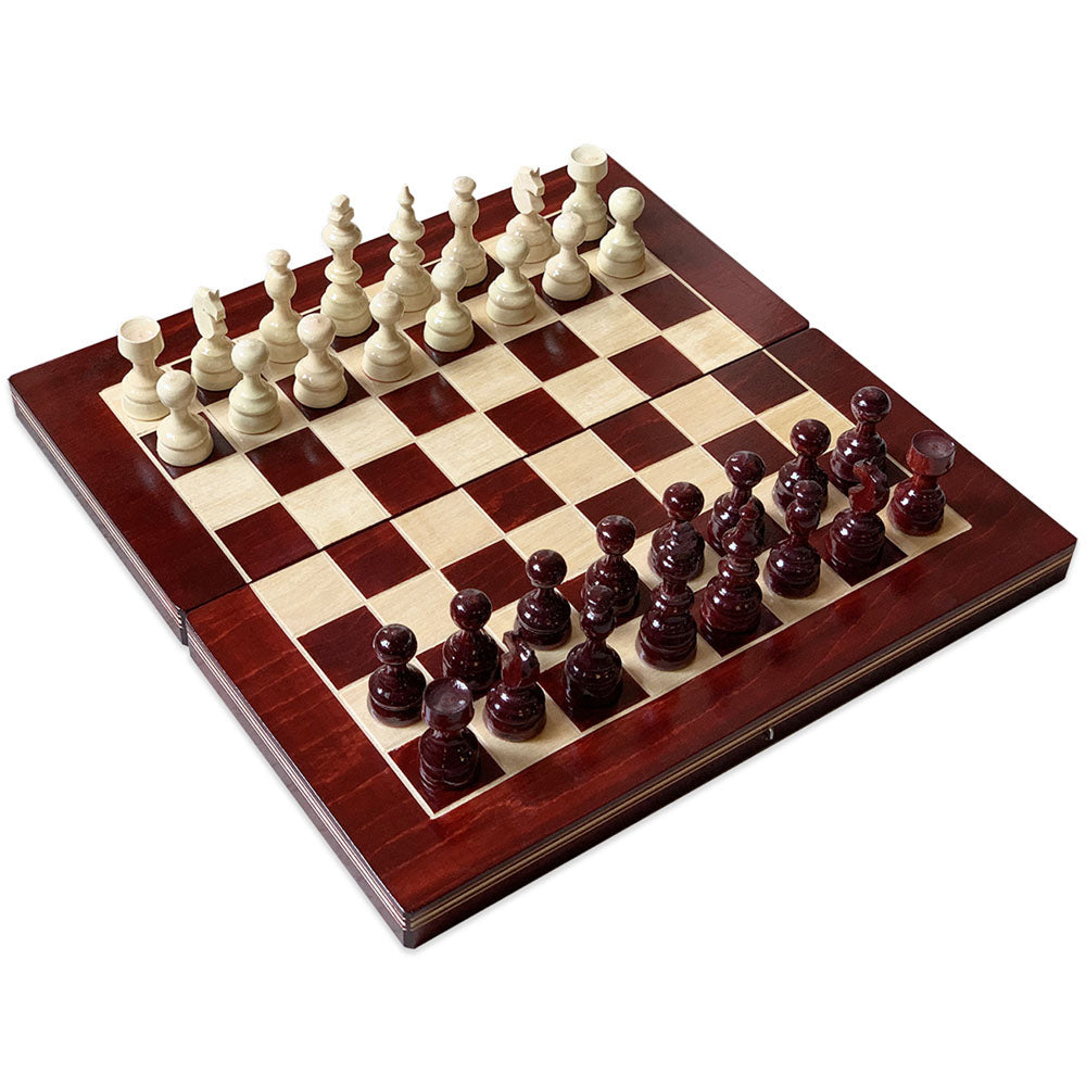 Handgefertigtes Schach- und Brettspiel aus Holz, rot-weiß (27x27cm)