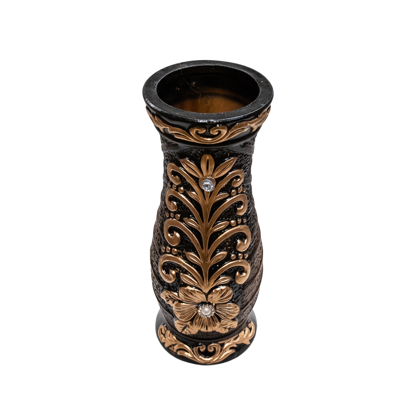 Braune Vase mit Blumen und Perlen verziert