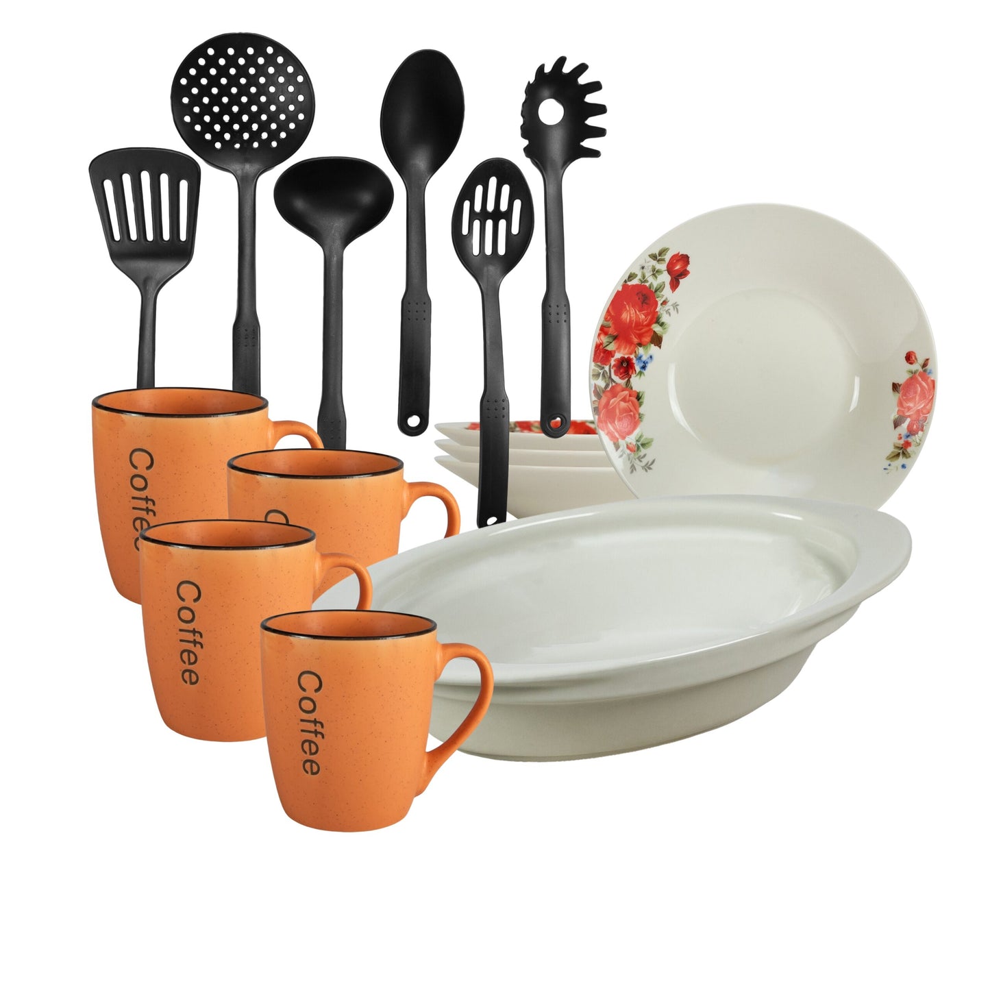 Set tavola, 4 persone, 15 pezzi, tazza arancione, piatto fondo, vassoio resistente al calore, utensili da cucina, Porcellana decorata con rose rosse