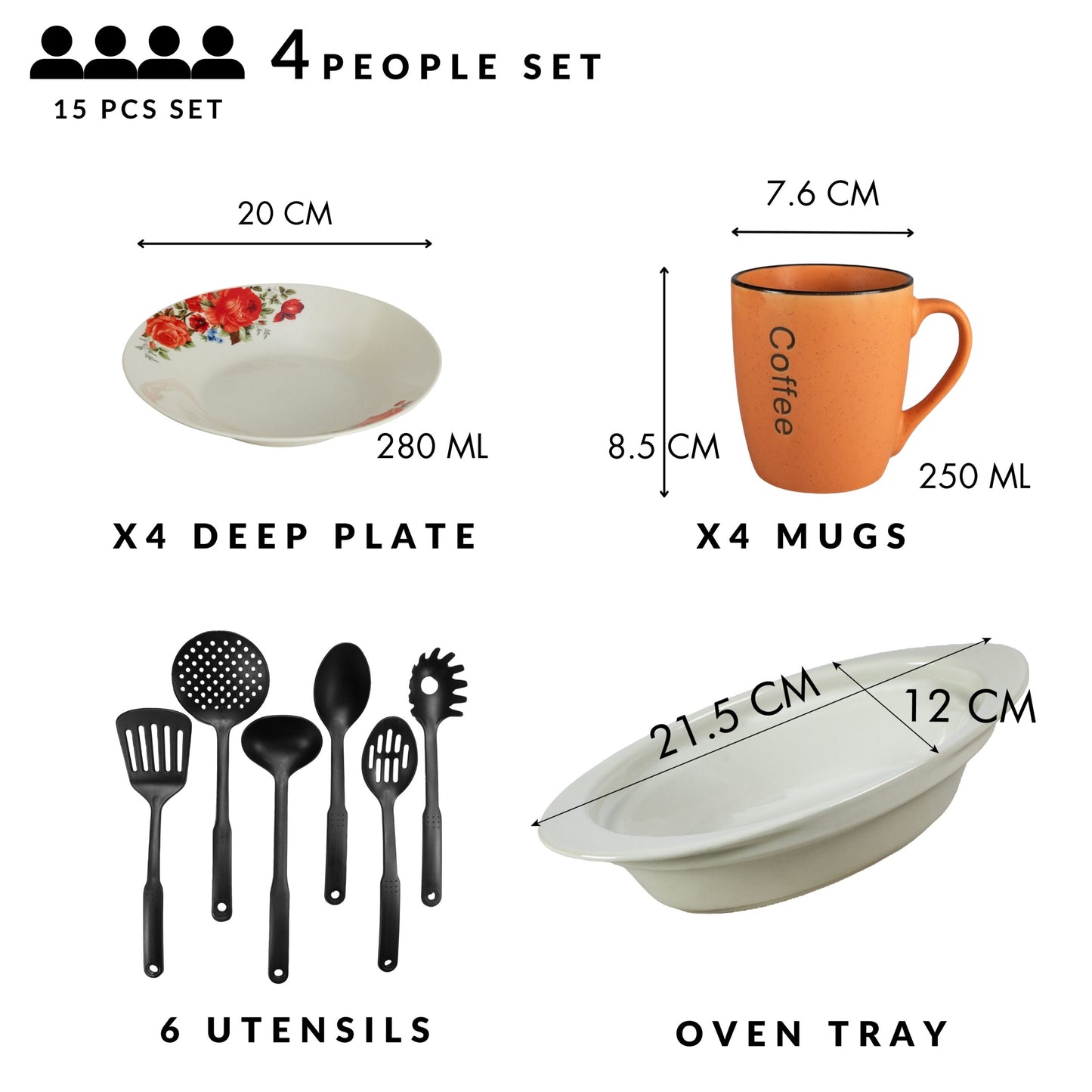 Set tavola, 4 persone, 15 pezzi, tazza arancione, piatto fondo, vassoio resistente al calore, utensili da cucina, Porcellana decorata con rose rosse