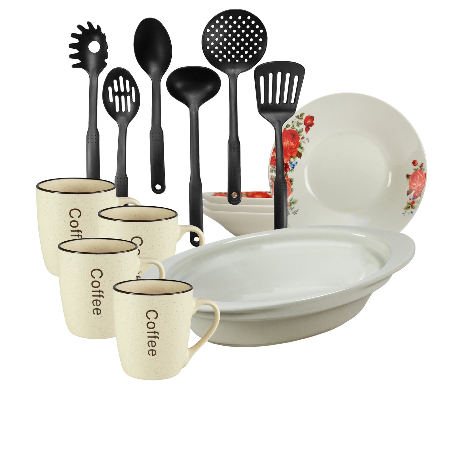 Servicio de mesa, 4 personas, 15 piezas, taza para crema, plato hondo, bandeja resistente al calor, utensilios de cocina, Porcelana decorada con rosas rojas