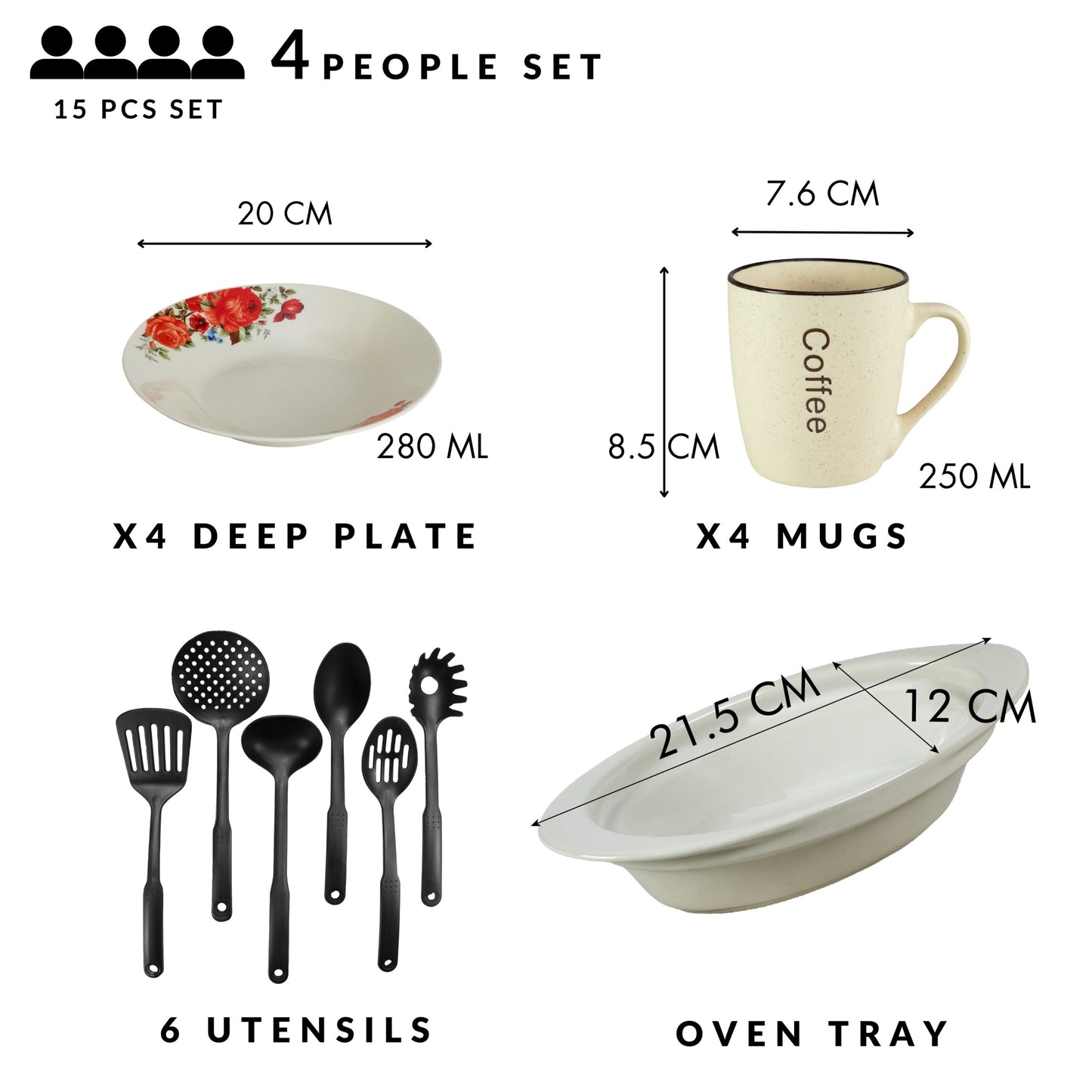 Servicio de mesa, 4 personas, 15 piezas, taza para crema, plato hondo, bandeja resistente al calor, utensilios de cocina, Porcelana decorada con rosas rojas