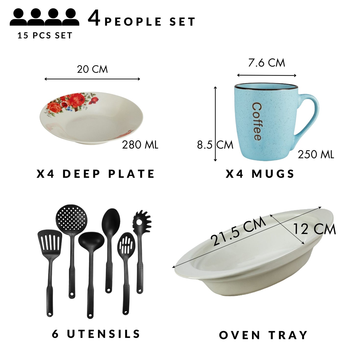 Table service, 4 people, 15 pieces, blue mug, deep plate, heat-resistant tray, kitchen utensils, Porcelain decorated with red rose