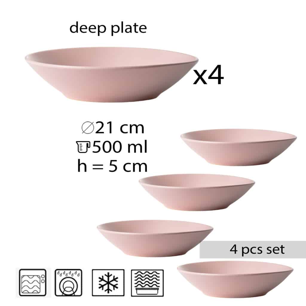 Set mit 4 tiefen Tellern, 21 cm, Pale Pink Mat