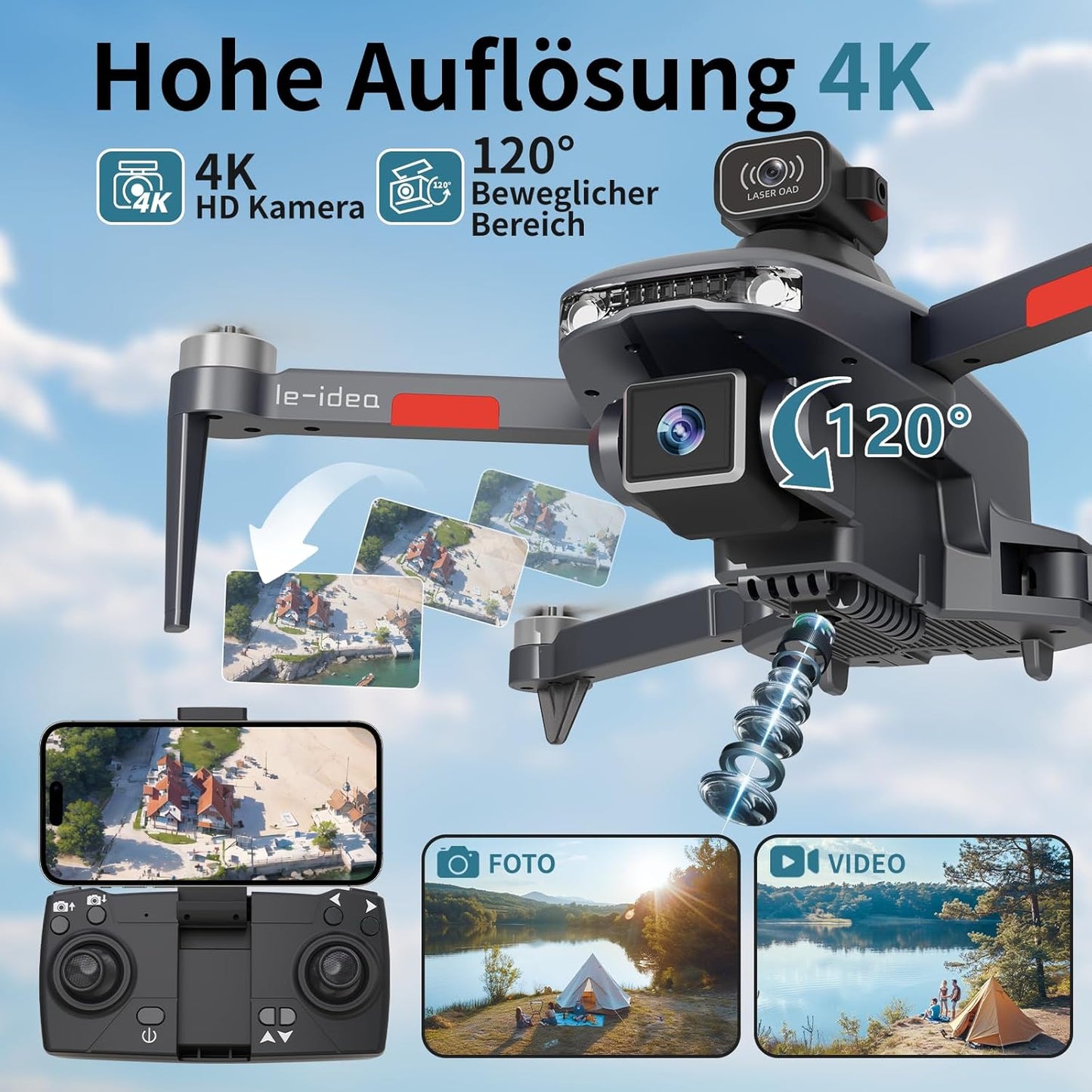 Lenovo TTROARDS 31 Drone con motore brushless con 2 telecamere Evita ostacoli a 360° Fotocamera 4K Adatto per adulti Drone fotografico 4K Video 5G WiFi Video FPV Quadricottero per principianti 2 batterie