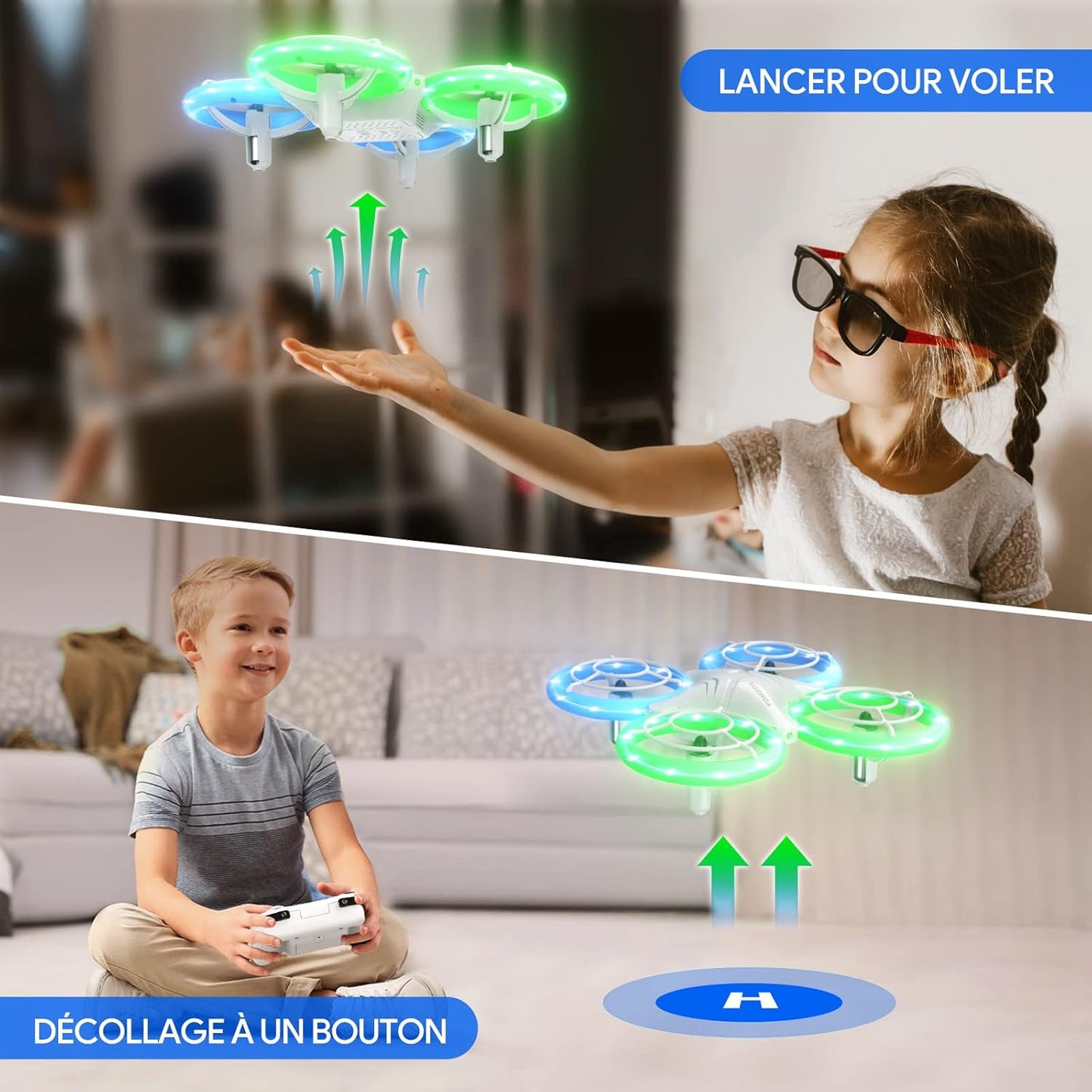 TOMZON Mini-Drohne für Kinder, blau-grüne LED-Leuchten, 2 Akkus, RC-Quadcopter, Headless-Modus, Go/Flip, 3D-Werfen/Drehen/Kreisflug für Anfängerkinder