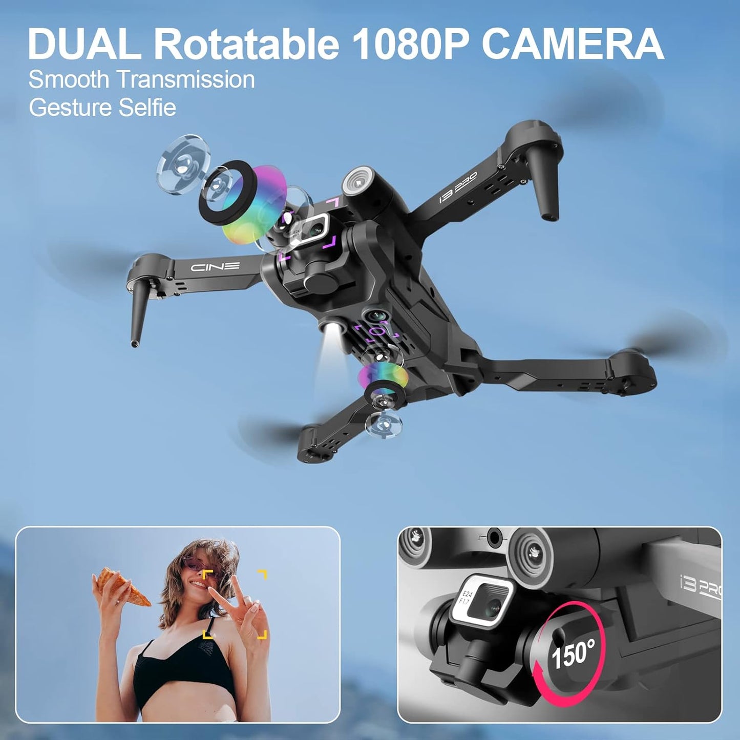 Drone Lenovo I3 PRO con cámara HD 1080P, WiFi FPV Live Streaming Drone para niños principiantes, retención de altitud, aterrizaje con una tecla, desplazamiento de flujo óptico, modo sin cabeza, giros 3D, evitación de obstáculos, 2 baterías