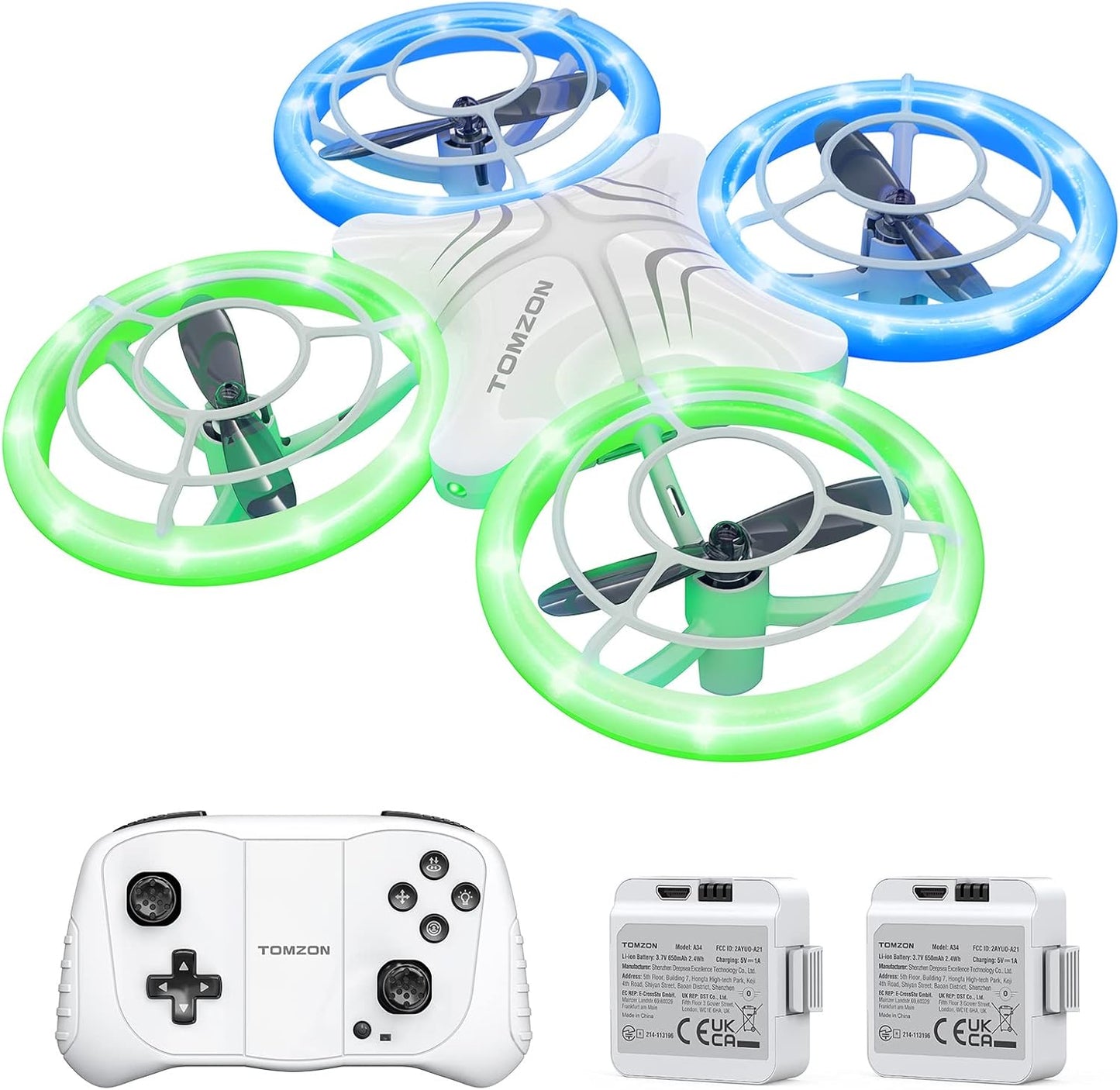 TOMZON Mini-Drohne für Kinder, blau-grüne LED-Leuchten, 2 Akkus, RC-Quadcopter, Headless-Modus, Go/Flip, 3D-Werfen/Drehen/Kreisflug für Anfängerkinder