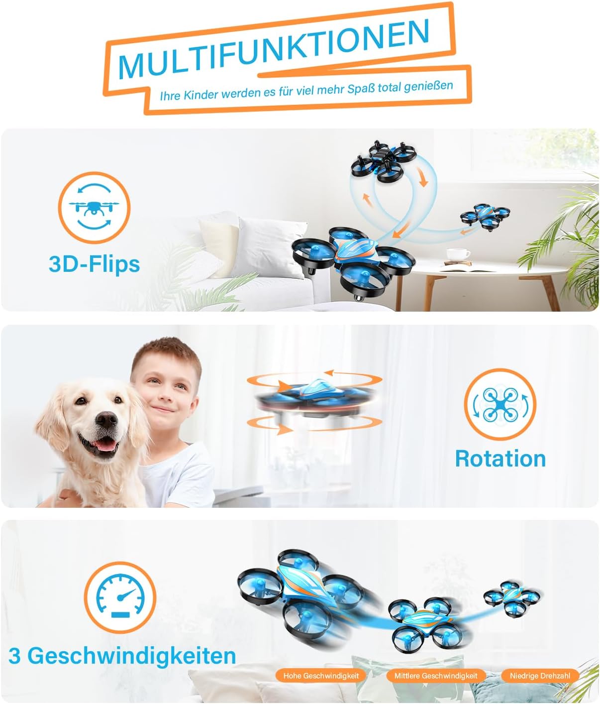 Mini Drone RC Quadcopter per Bambini Adulti Orvina OV-18 Piccolo Drone telecomandato con 3 batterie Giocattolo per Principianti per Interni Regalo per Ragazzi e Ragazze (Blu)