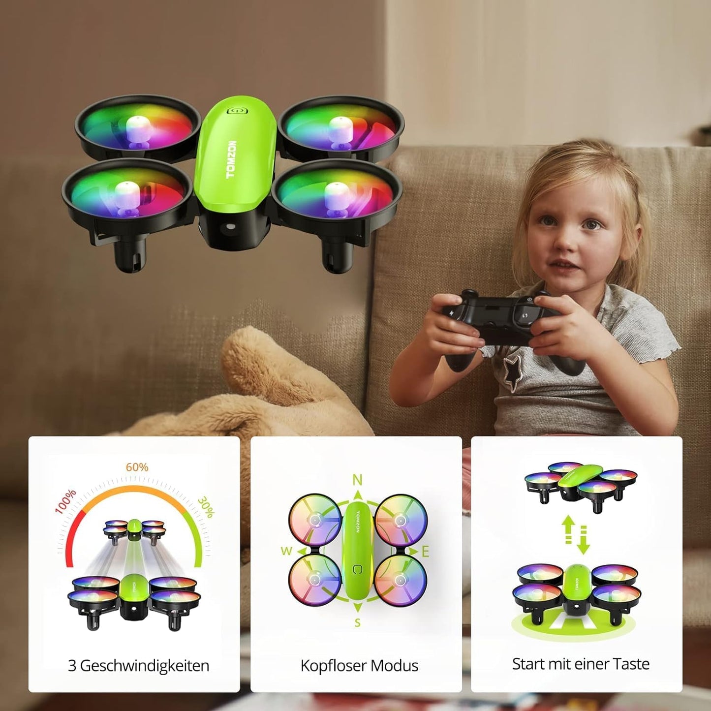 Lenovo Mini-Drohne für Kinder Anfänger Tomzon RC-Quadcopter mit LED-Leuchten ferngesteuerter Flugzeughubschrauber Lange Flugzeit 360°-Propellerschutz 3D-Werfen/Flip/Drehen/Kreis Indoor-Drohne Grün