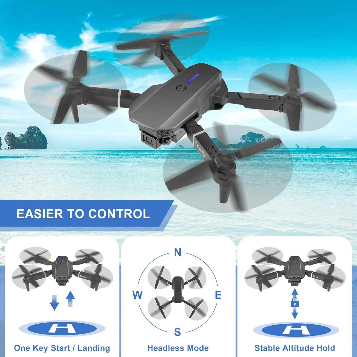 Drone Lenovo con cámara 4K HD, Drone RC FPV WiFi plegable con transmisión en vivo para niños principiantes, 2 baterías, tiempo de vuelo prolongado, modo sin cabeza, vuelo de trayectoria, evitación de obstáculos, una tecla