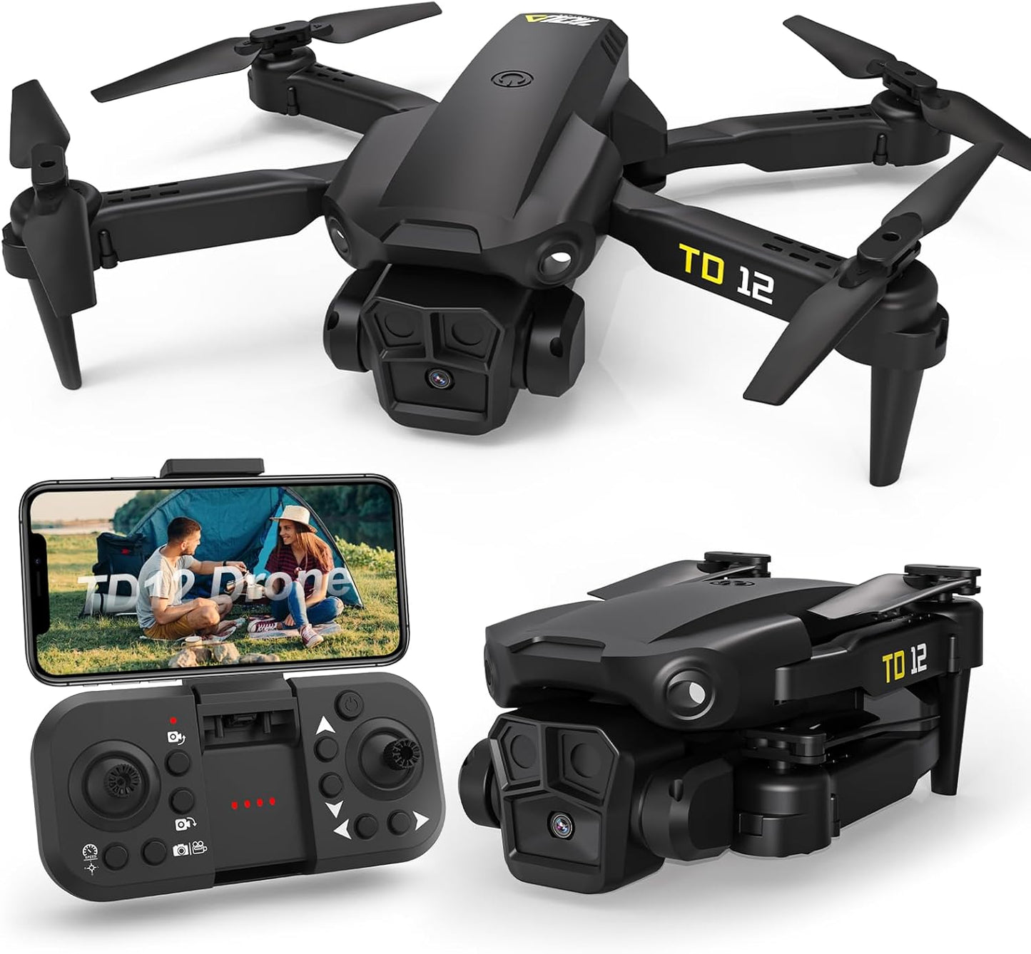 Dronă Lenovo TD12 cu cameră pentru adulți 1080P, obiectiv reglabil la 135°, drone pliabile cu un singur buton pentru decolare/aterizare pentru începători, Quadcopter FPV RC cu menținere a altitudinii, răsturnare 3D, 2 baterii