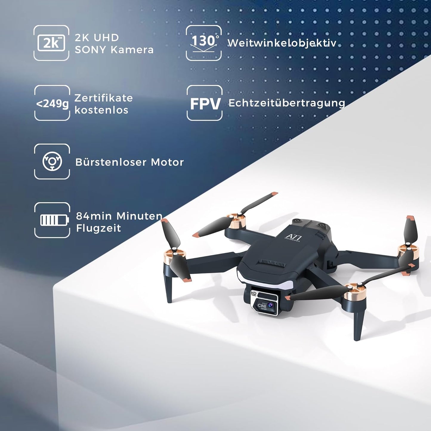 Dronă Lenovo durabilă cu motor fără perii cu timp de zbor super lung de 84 de minute, dronă cu cameră HD 2K pentru începători, Quadcopter CHUBORY A77 WiFi FPV, Follow Me, Hover automat, 3 baterii, geantă de transport