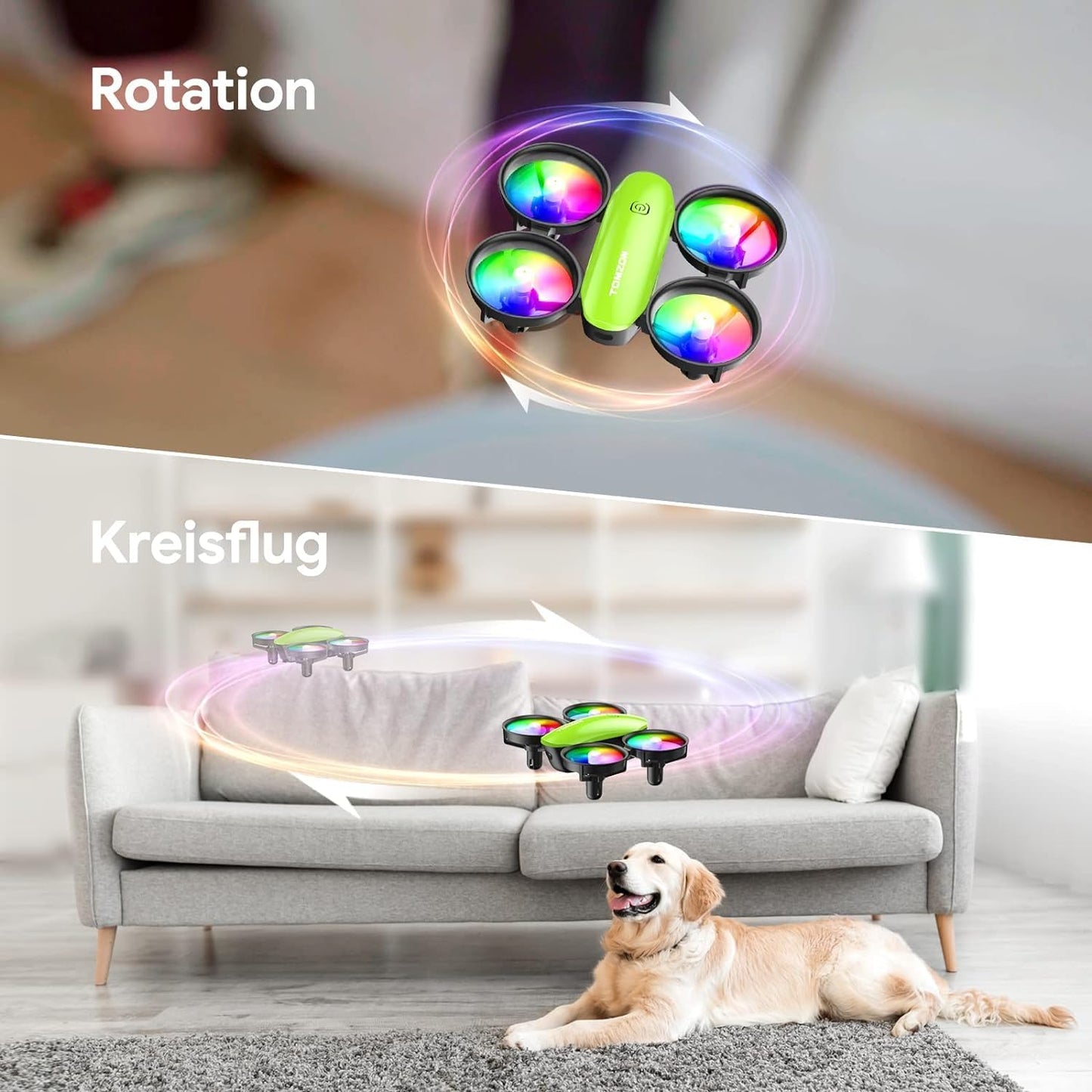 Lenovo Mini-Drohne für Kinder Anfänger Tomzon RC-Quadcopter mit LED-Leuchten ferngesteuerter Flugzeughubschrauber Lange Flugzeit 360°-Propellerschutz 3D-Werfen/Flip/Drehen/Kreis Indoor-Drohne Grün