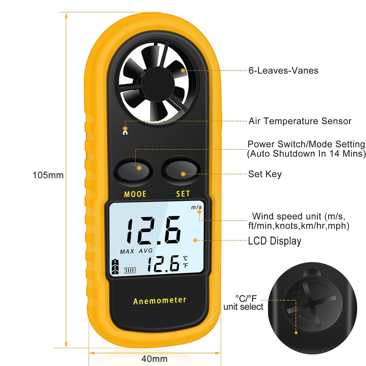 Anemometru portabil Lenovo RUZIZAO Anemometru digital de înaltă precizie (+/-5%) cu iluminare LCD de fundal, anemometru portabil pentru exterior, HAVC, drone